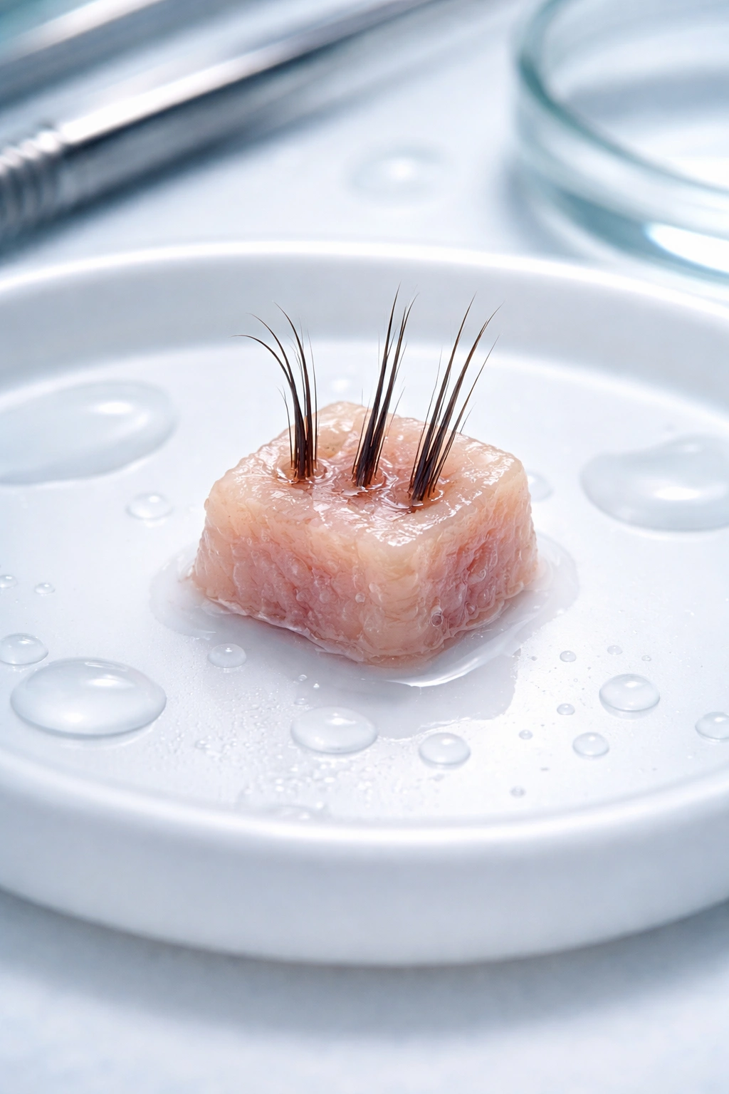 Close-up of a hair graft tissue plug showing 1-4 follicles on a sterile tray