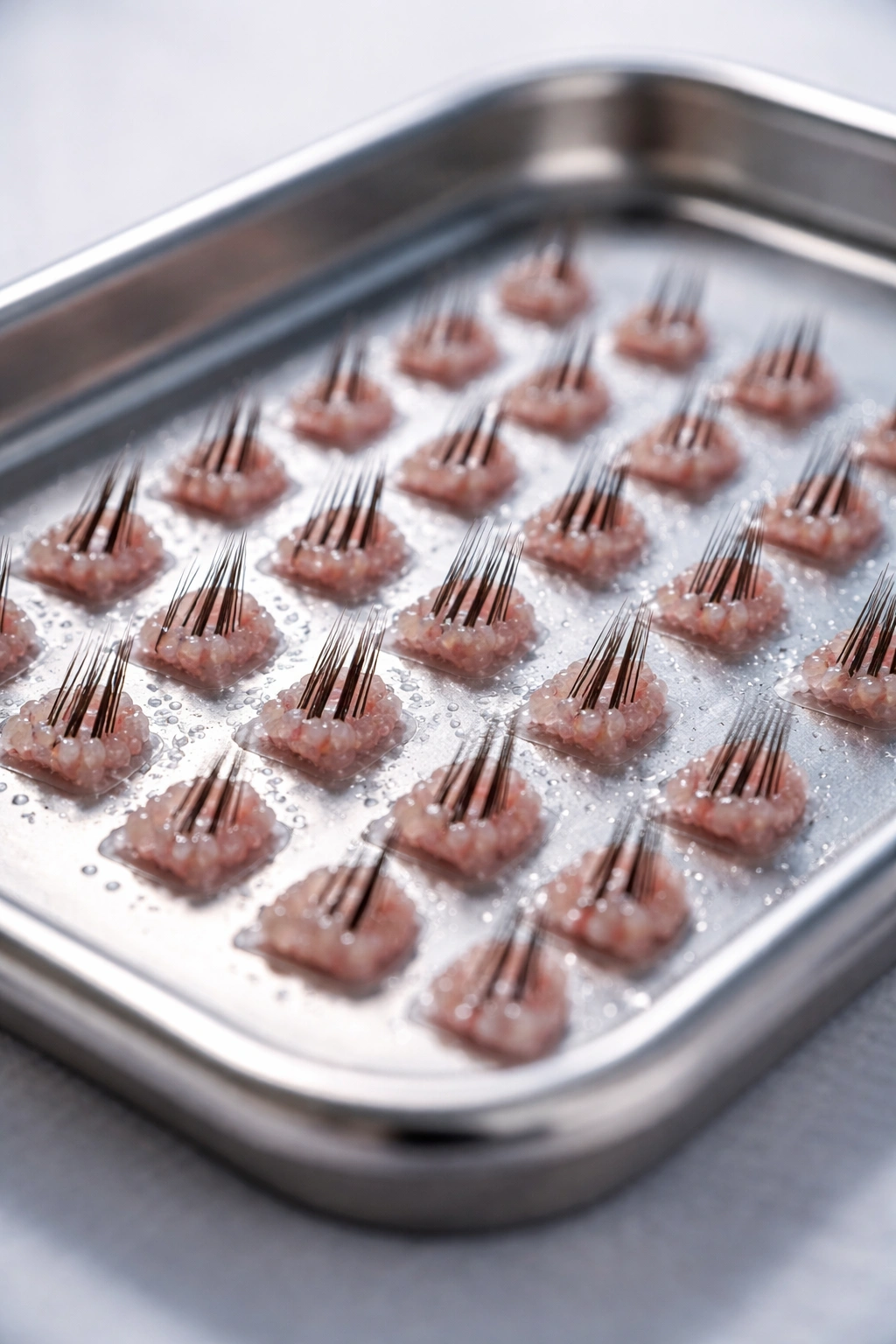 Close-up view of several hair grafts arranged on a sterile tray for transplantation