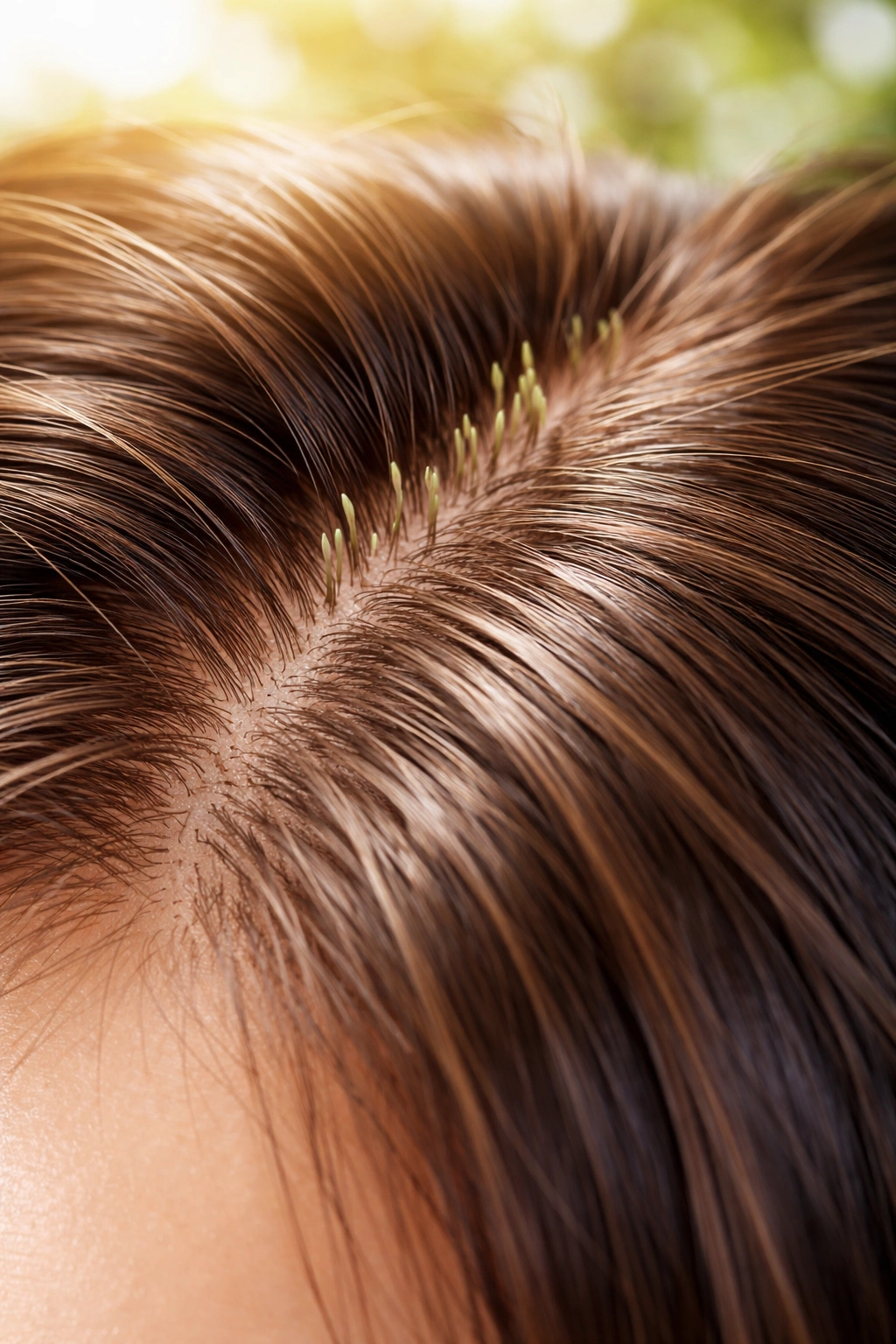 Healthy scalp with dense new growth under bright light.