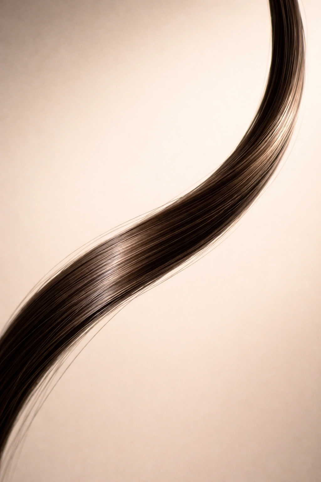 Close-up of a single smooth hair strand on a neutral gradient background, illustrating hair growth overview.
