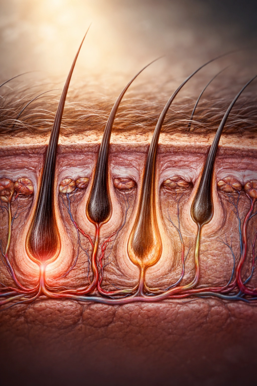 Close-up of scalp with follicles in distinct hair growth cycle phases