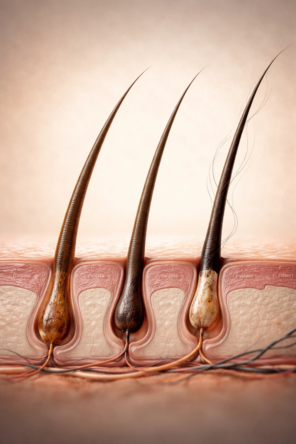Macro close-up of a hair strand illustrating the four growth phases along its shaft.