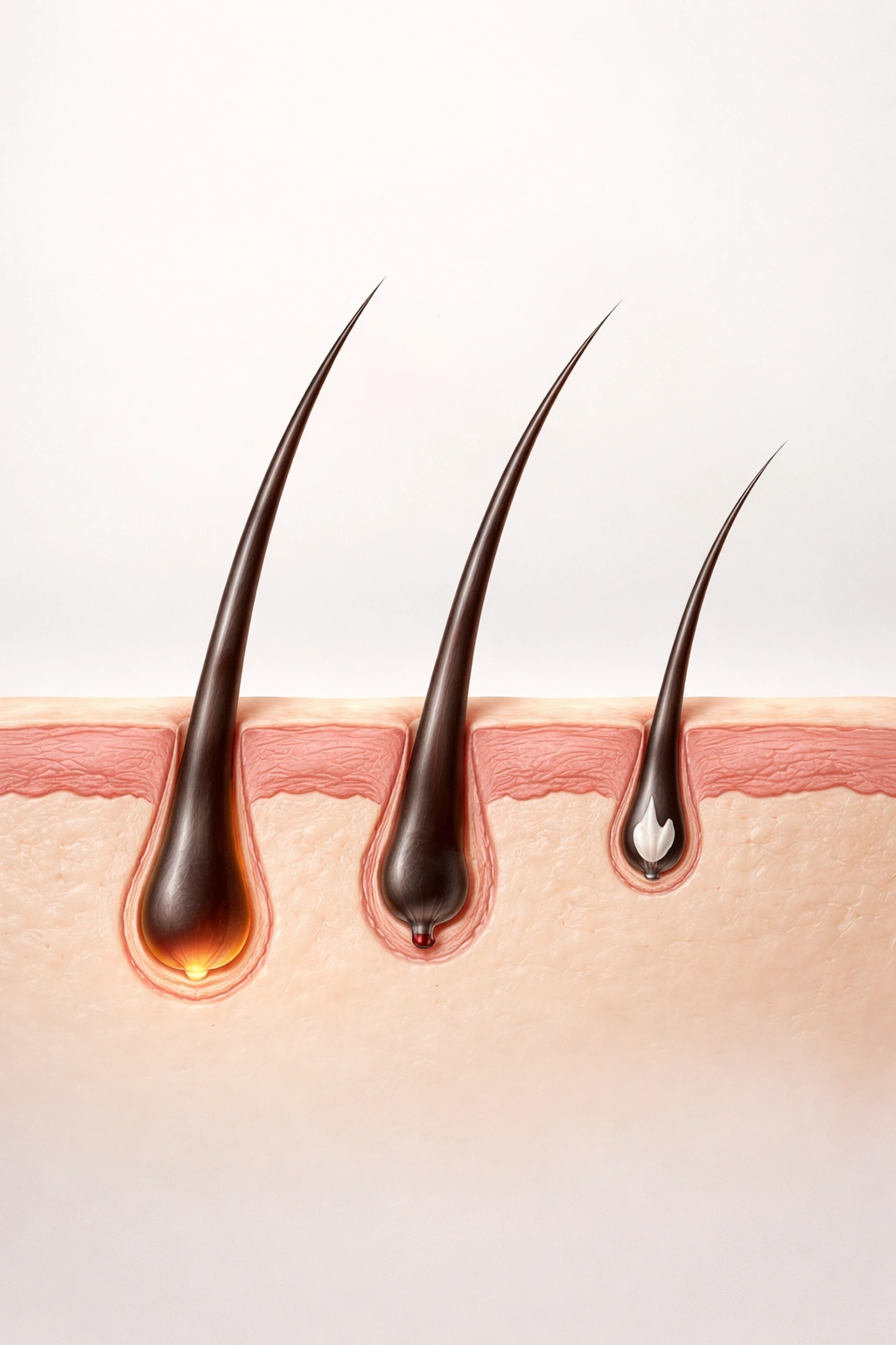 Close-up illustration of hair follicles in three growth stages: anagen, catagen, telogen.