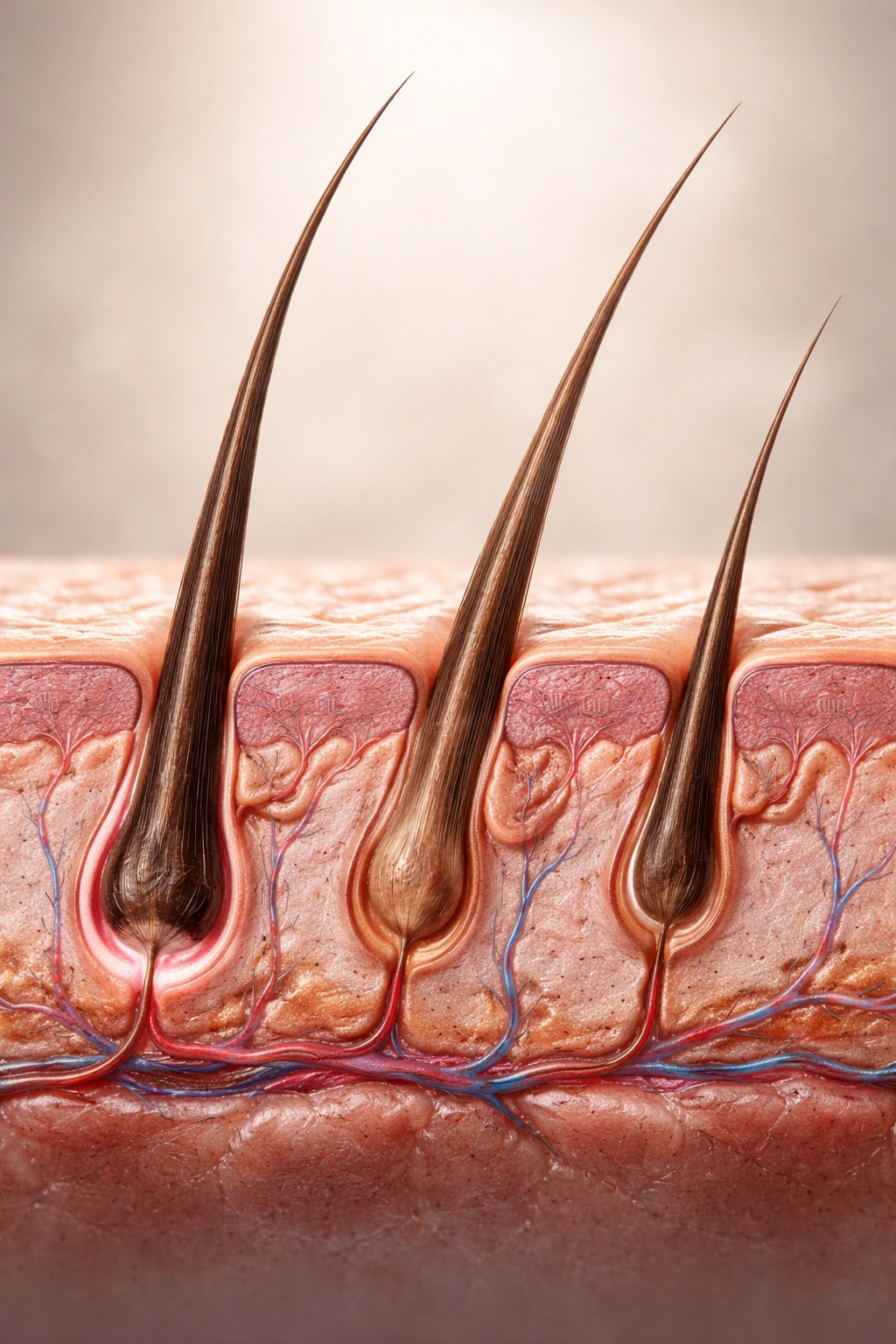 Close-up cross-section of a hair follicle showing growth cycle phases without labels