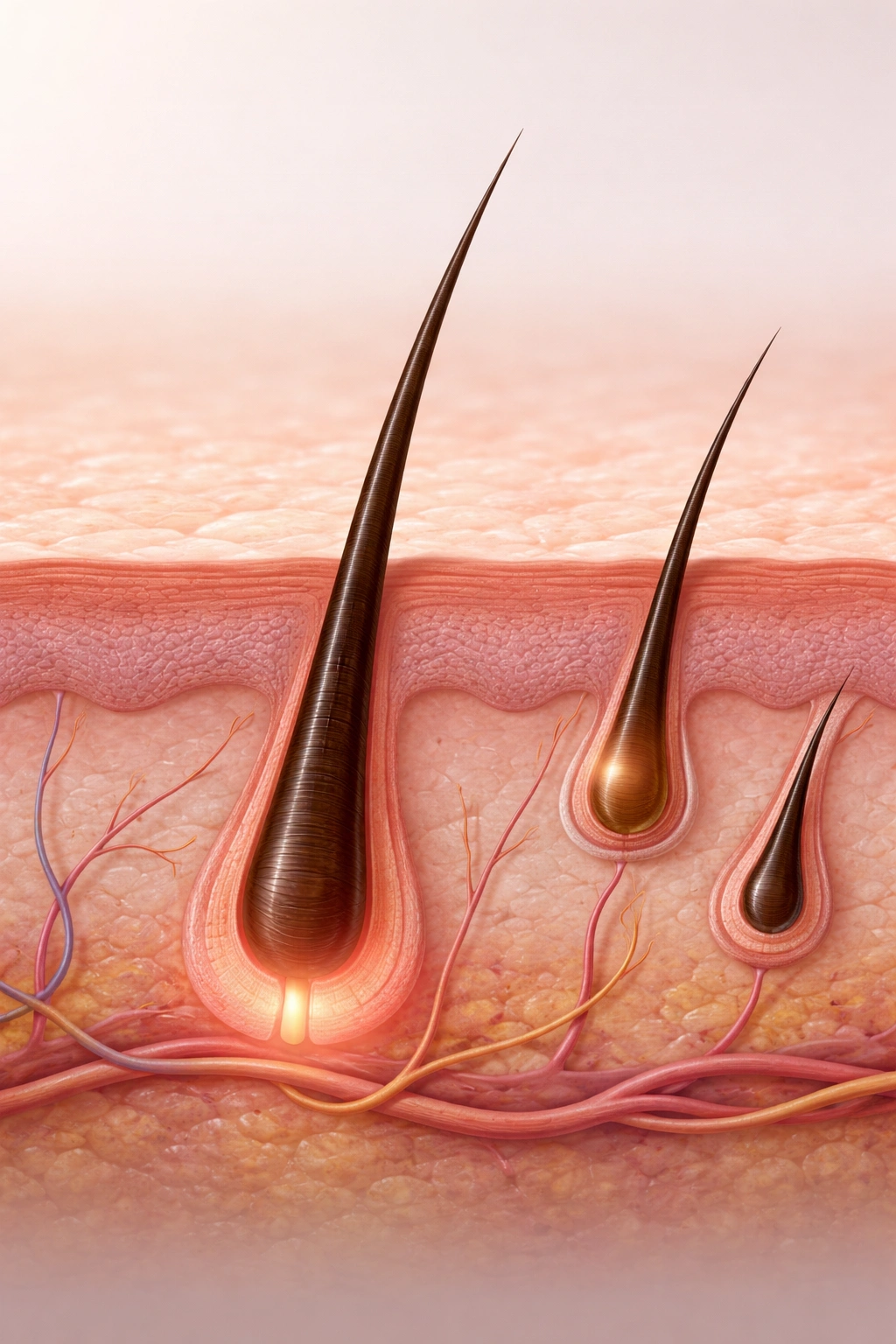 Skin close-up with three follicles at different growth phases