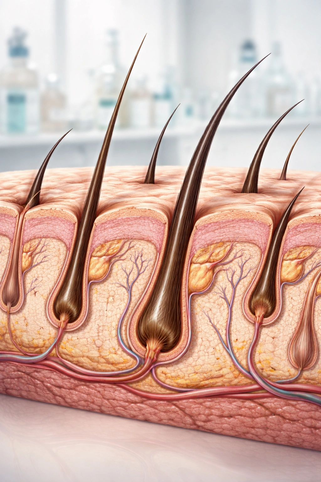 Cross-section of scalp showing hair follicles in different growth phases