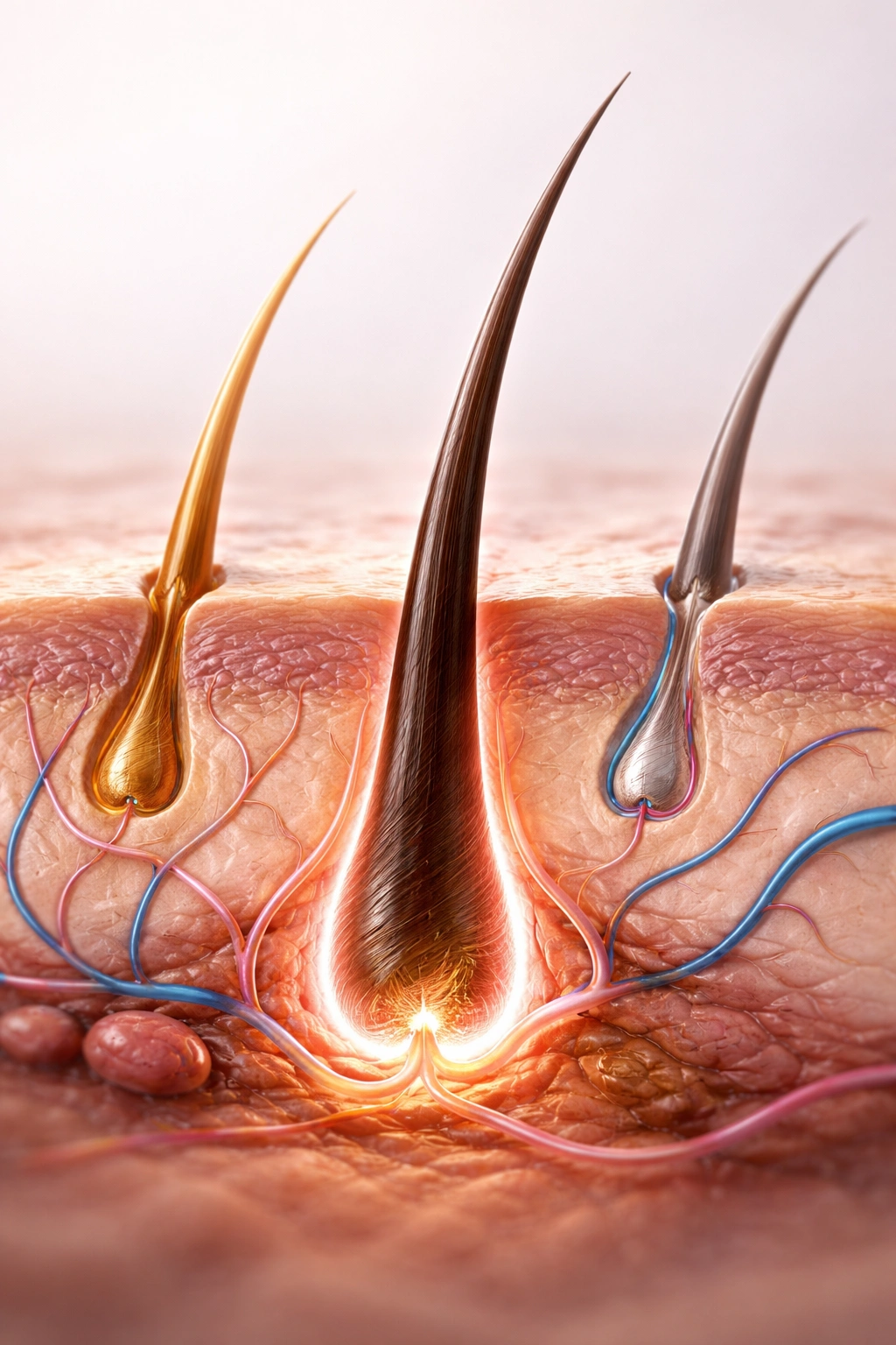 Hair follicle with three growth-stage hairs around it