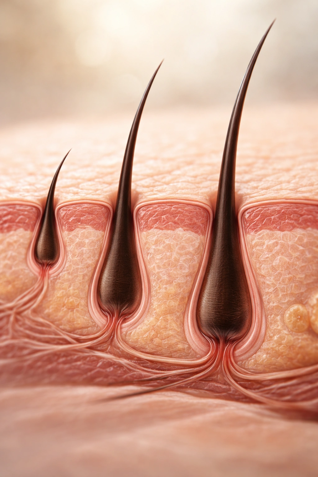 Macro close-up of skin with three hair follicles at different growth stages