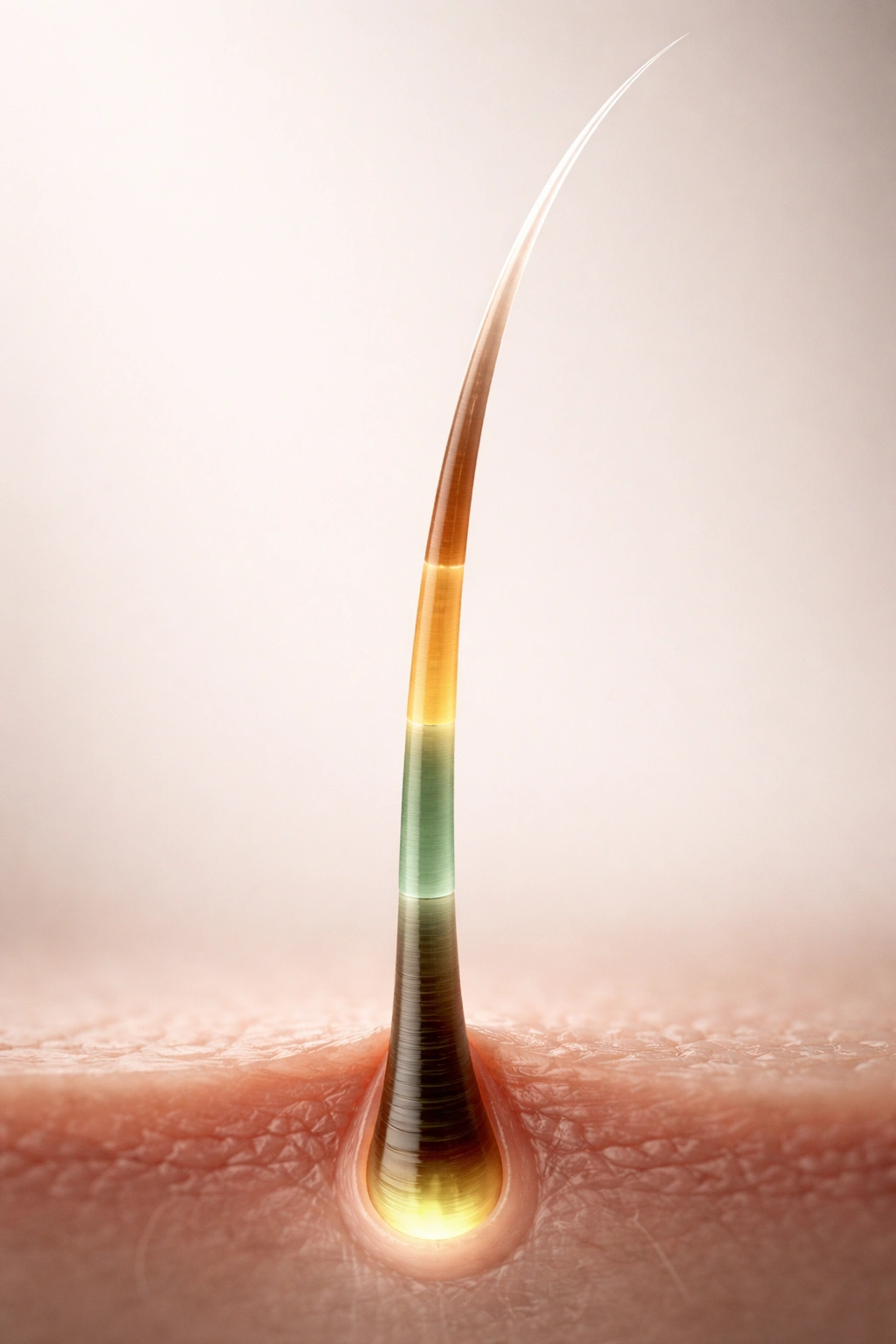 Macro close-up of a hair strand showing growth, transition, and rest phases at the follicle