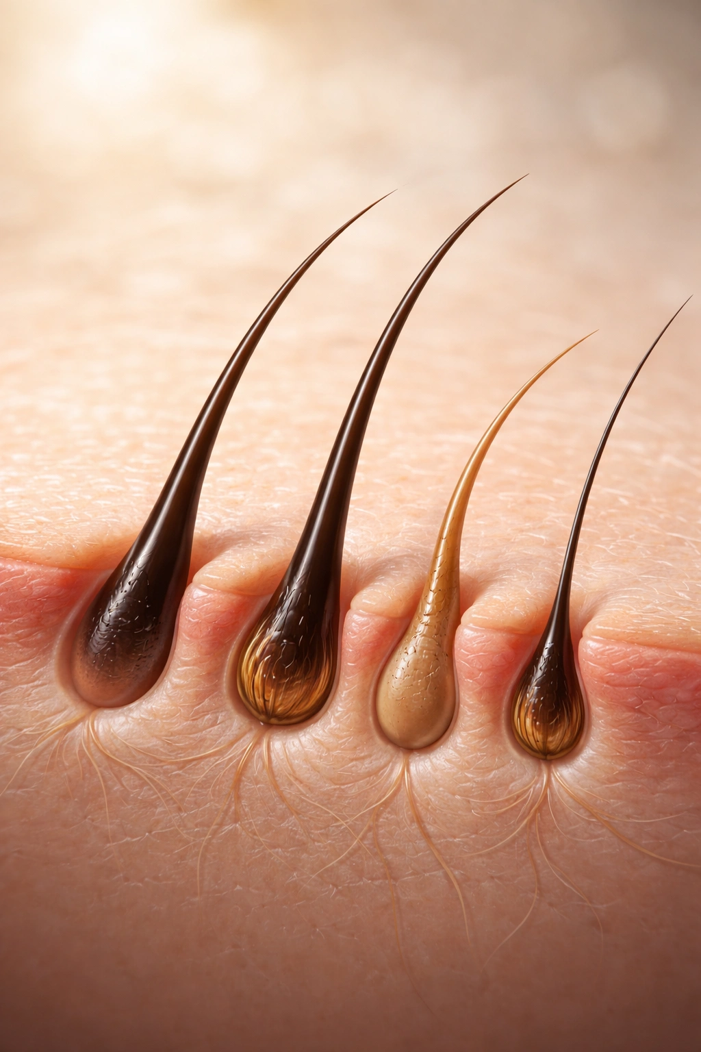 Hair strands in different growth phases on scalp-like surface