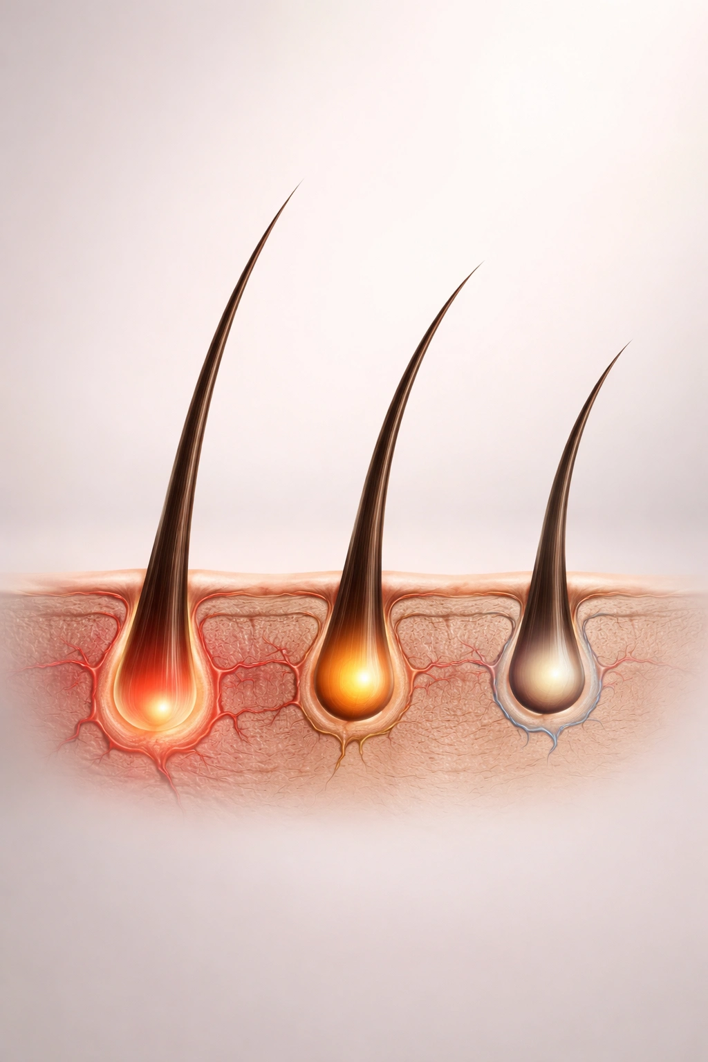 Abstract trio of hair follicles at different growth stages