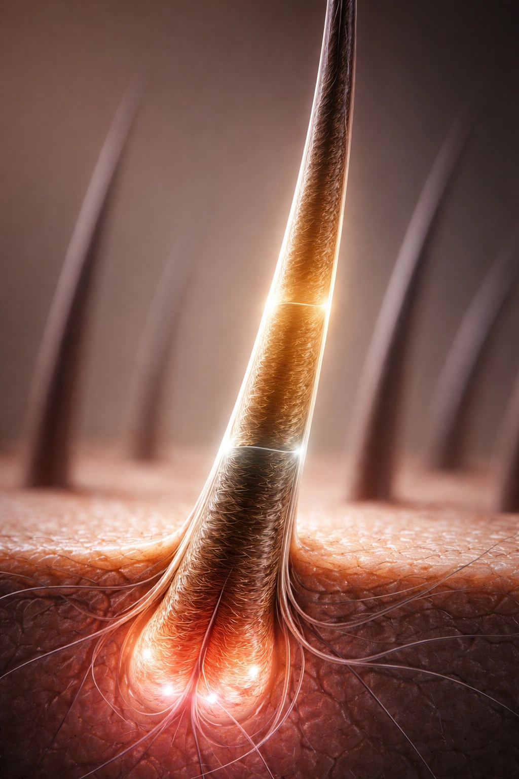 Close-up of a hair strand with three visual zones indicating growth phases