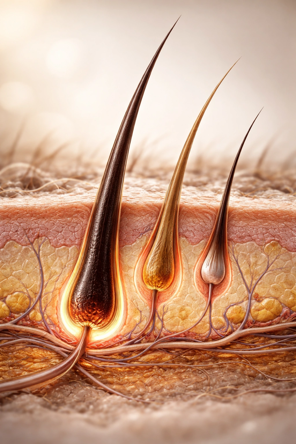 Close-up cross-section of scalp showing three hair growth phase segments