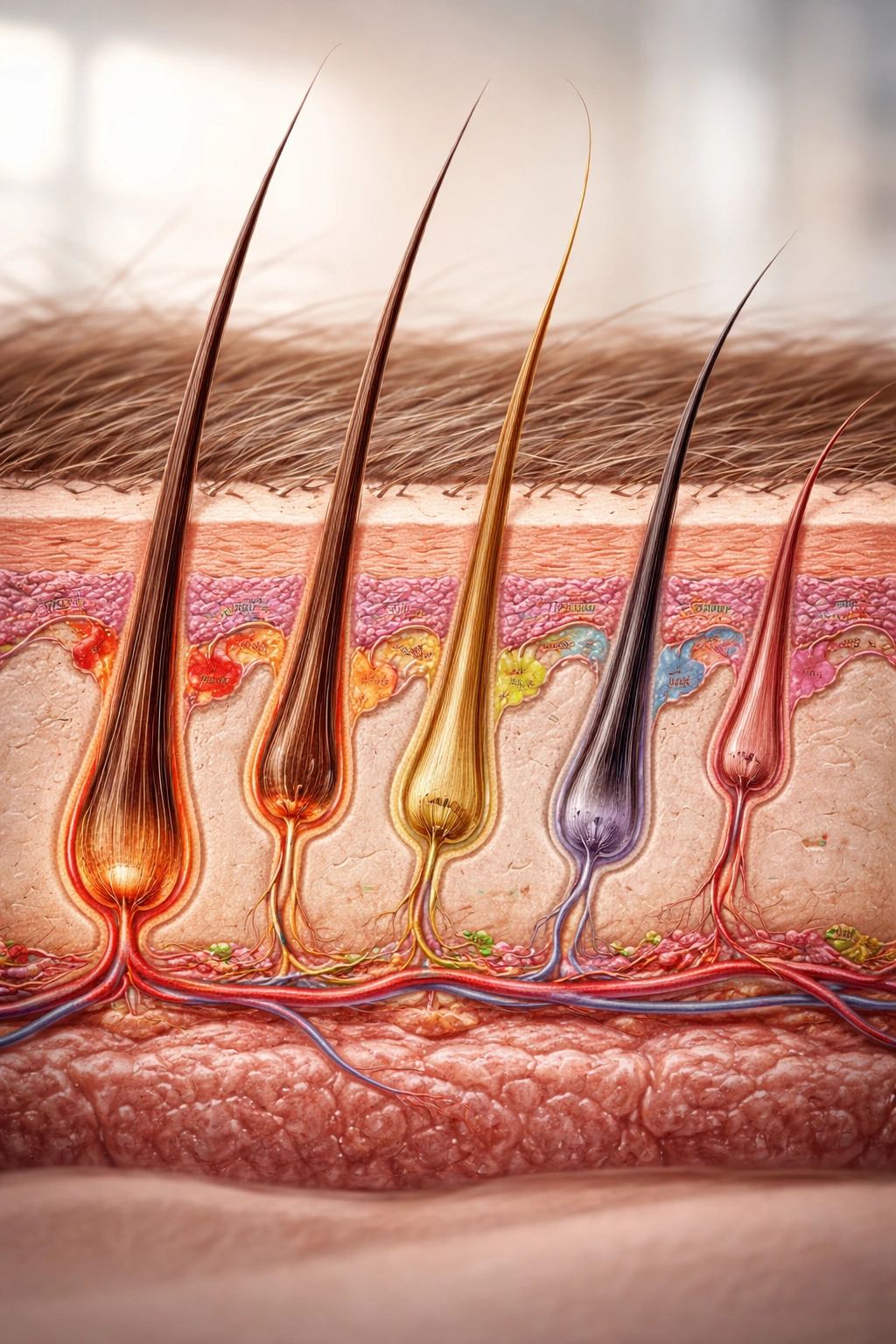 Cross-section of scalp with four hair follicles in different growth stages