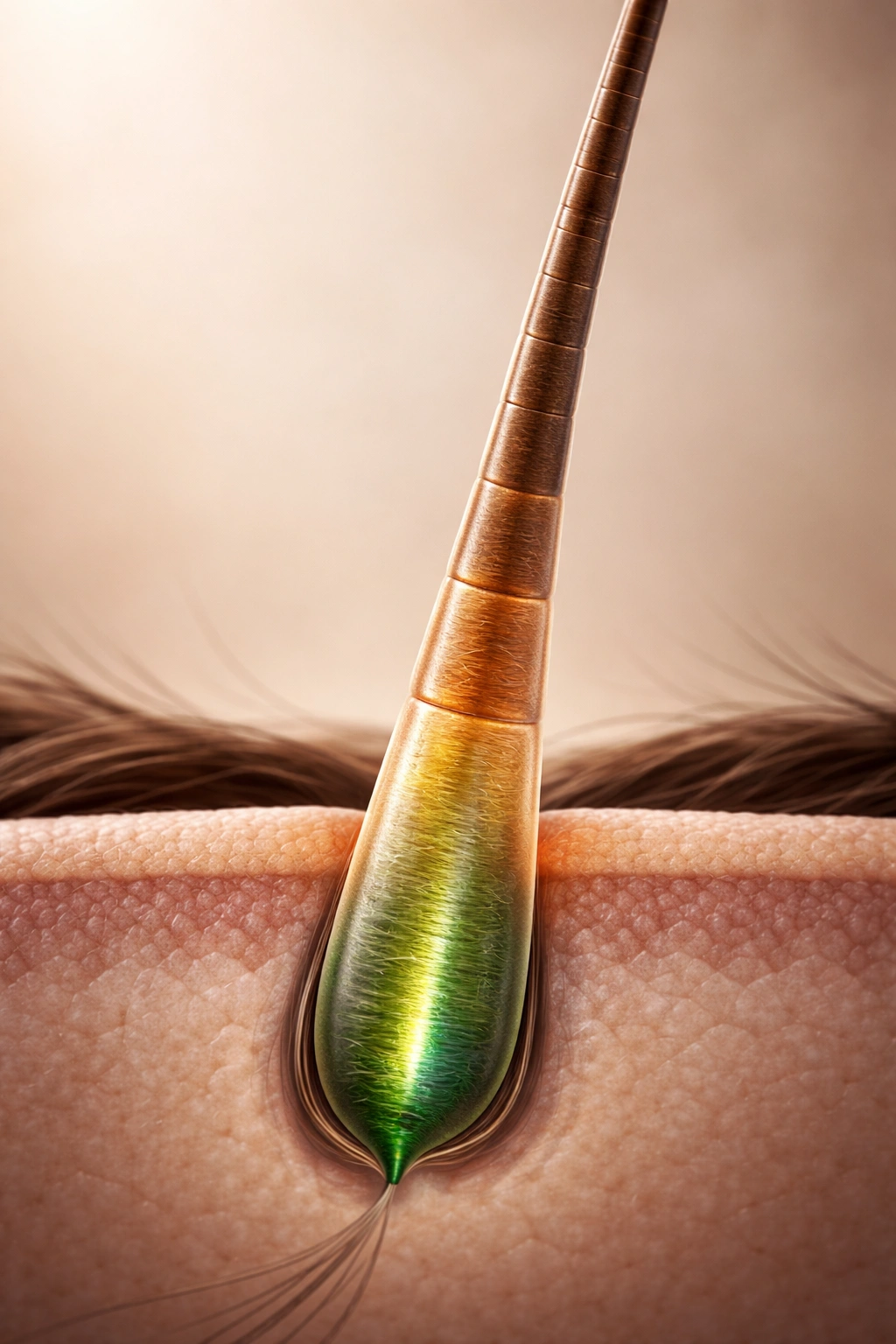 Close-up of a hair strand with color-coded segments representing growth phases