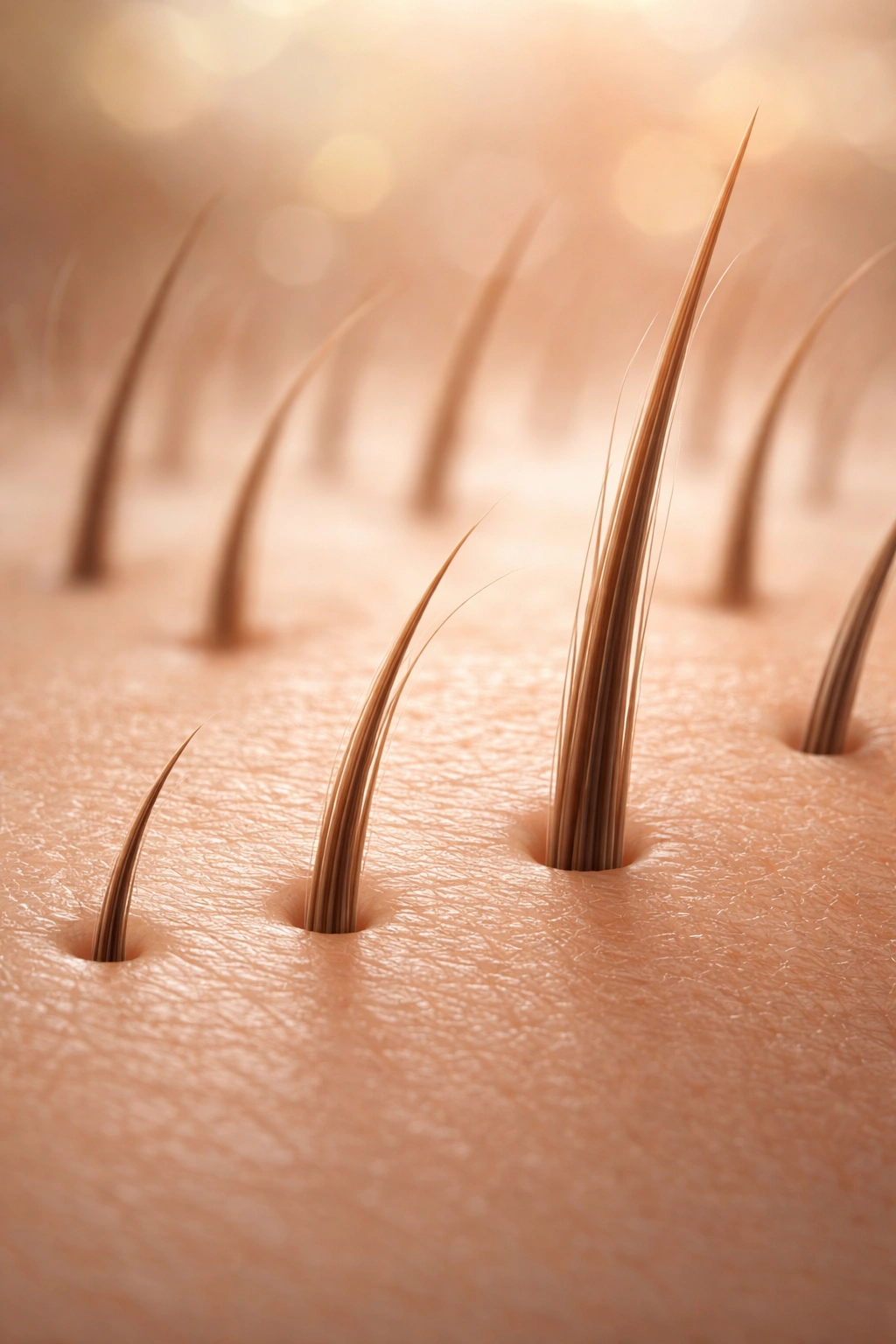 Close-up of skin with hairs at varied lengths showing growth cycles concept