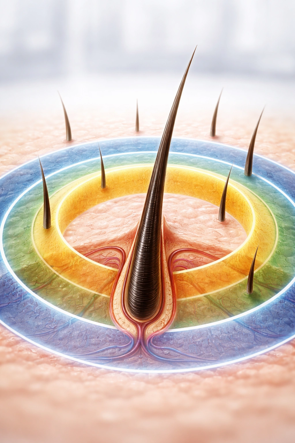 Stylized diagram showing hair growth phases with different-length hairs around a follicle