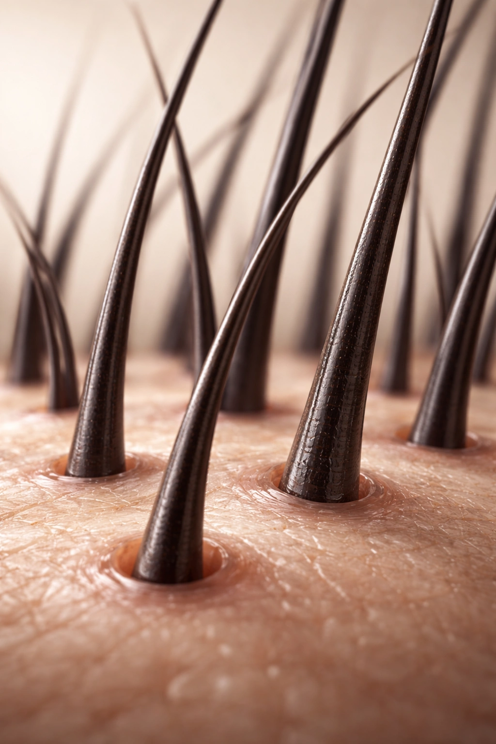 Macro close-up of scalp with growing hair shafts and follicles