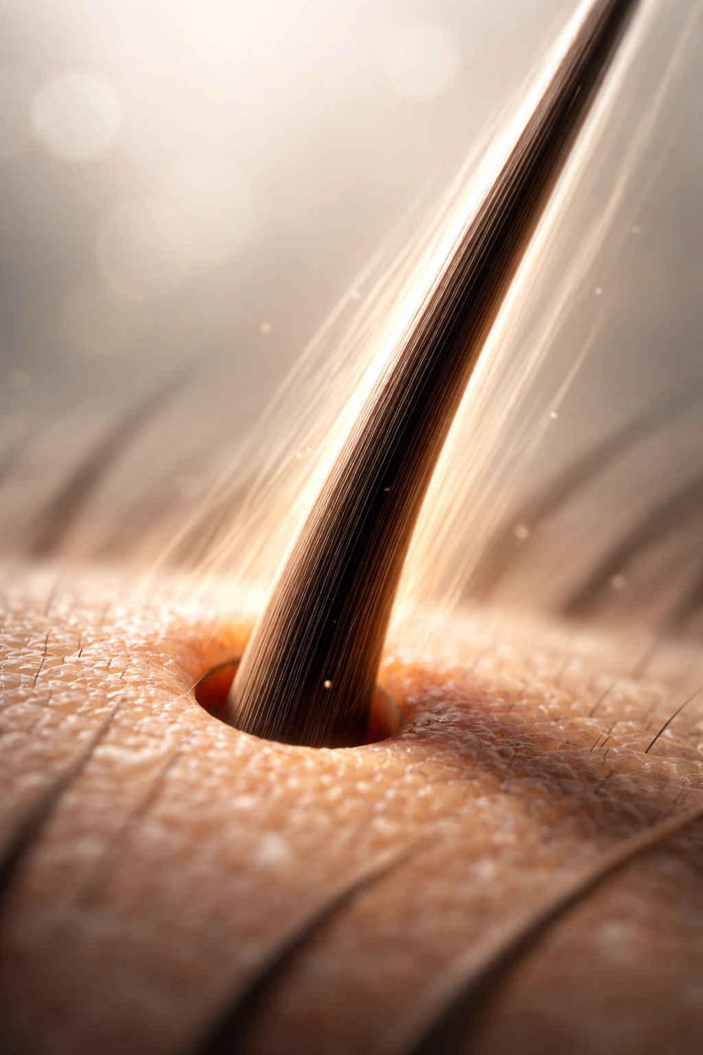 Close-up of a hair strand emerging from a follicle to imply rapid growth.
