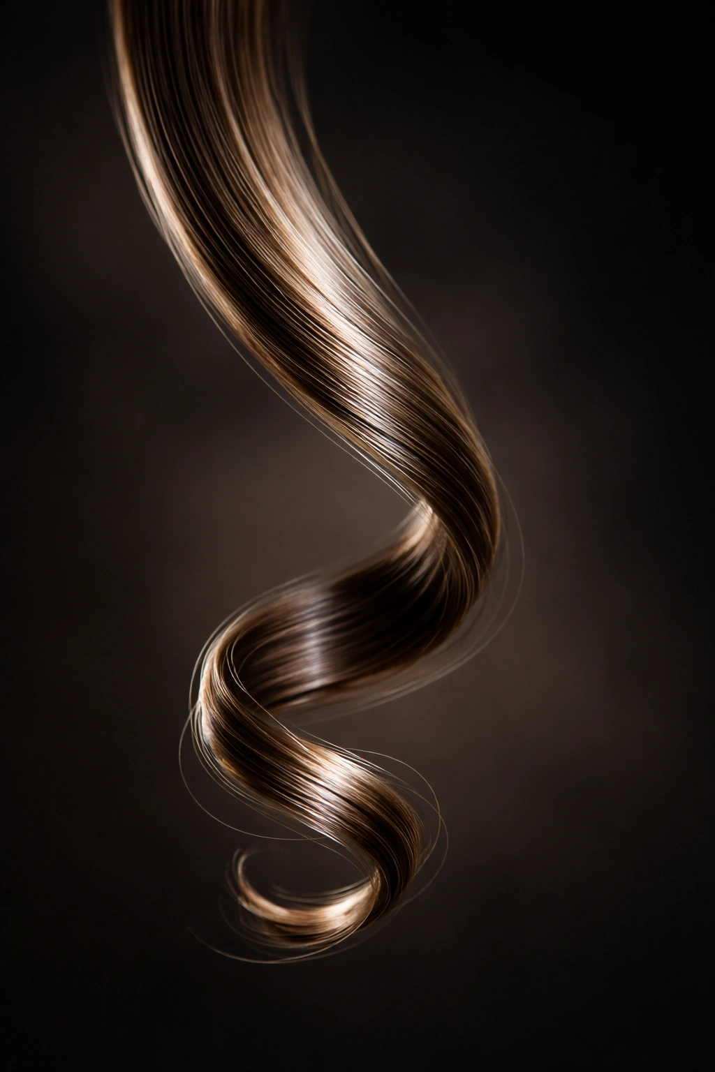 Close-up of a single healthy hair strand with glossy cuticle on neutral background, representing hair growth and health.