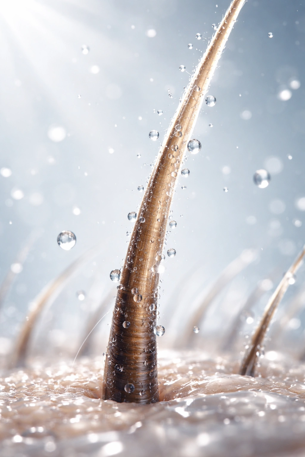 Close-up of a hydrated hair strand against a clean background