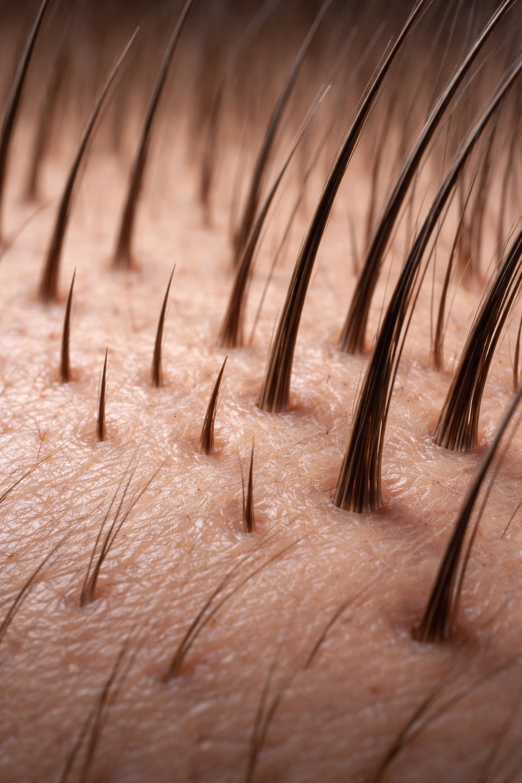 Close-up of scalp follicles showing short and long hair lengths, highlighting growth length variations