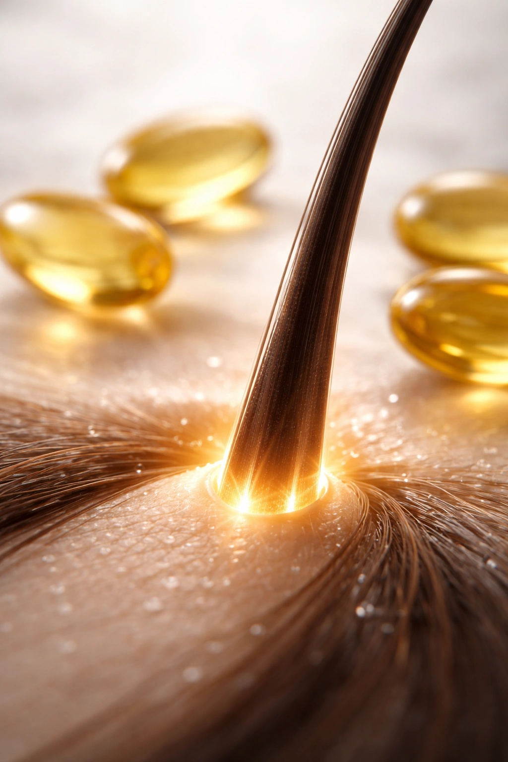 Hair strand with oil capsules in background
