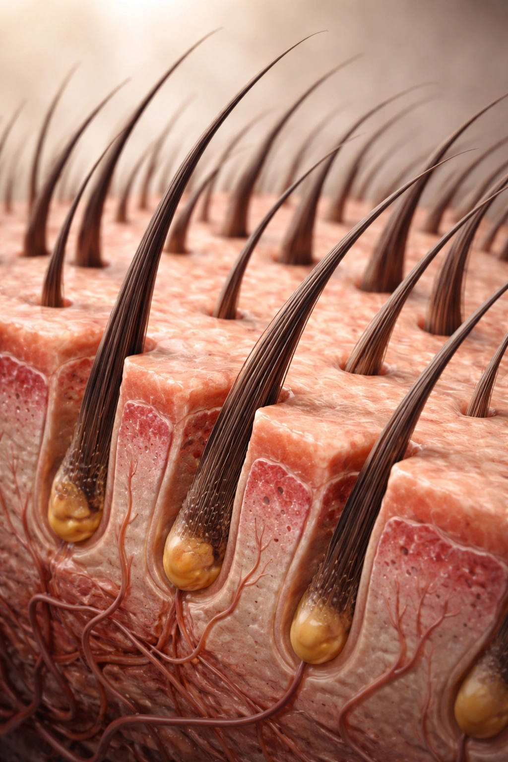 Close-up of scalp with follicles at varying lengths illustrating natural growth patterns
