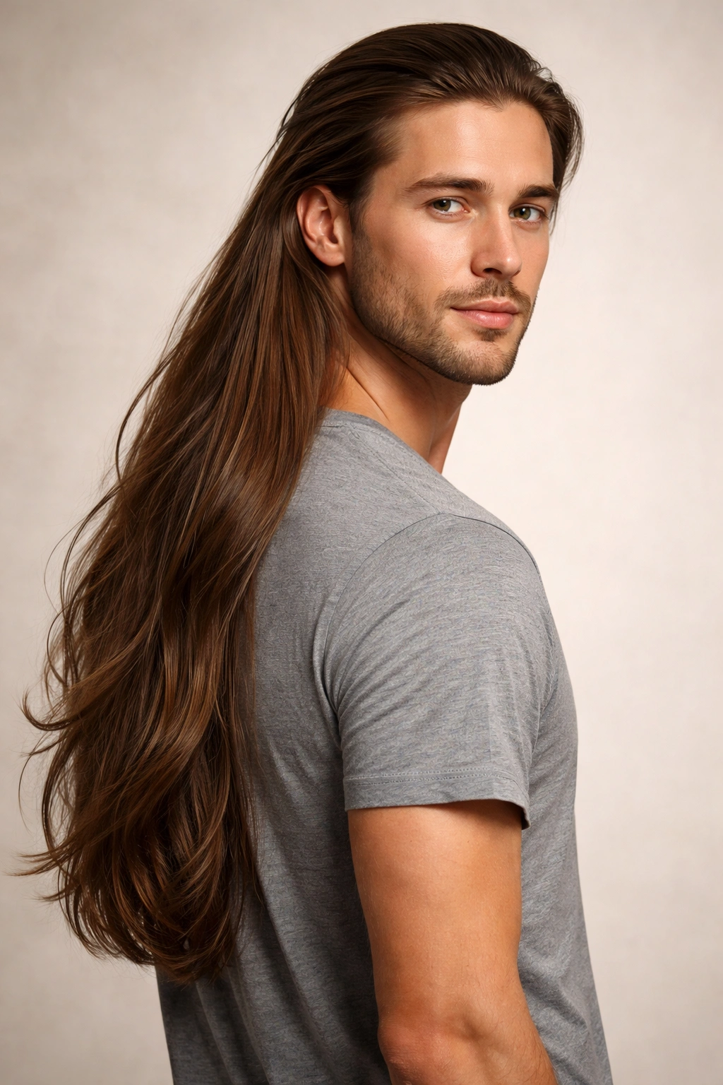 Person with long hair reaching mid-back shows potential ponytail length