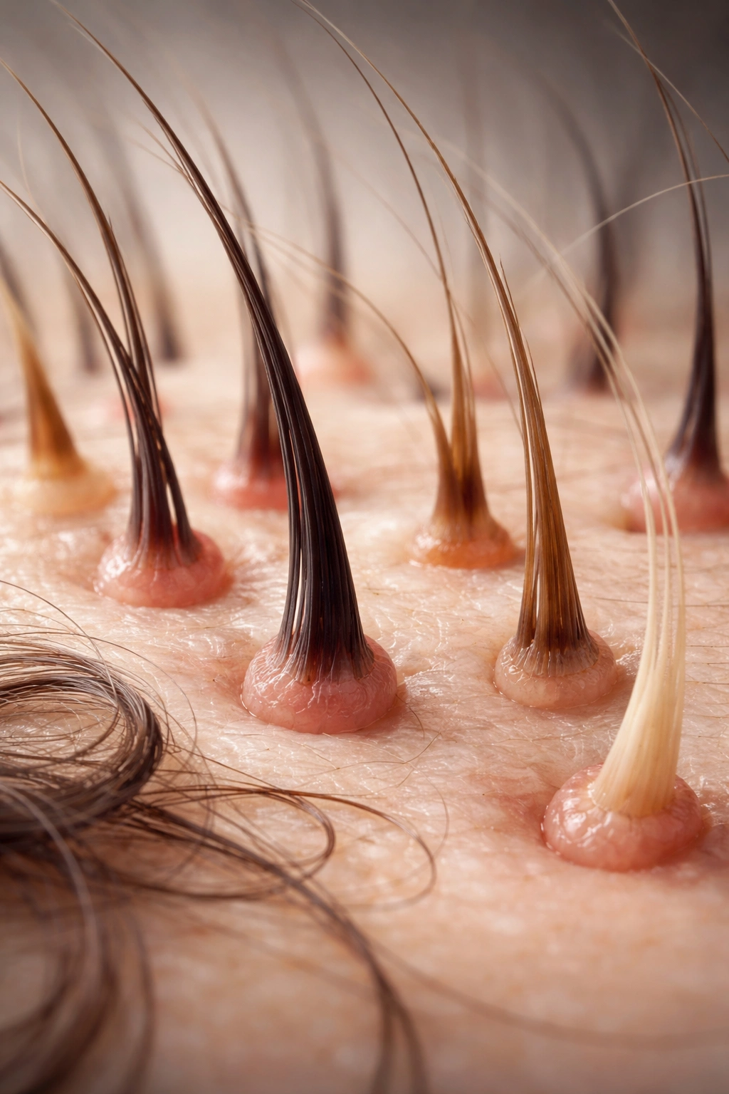 Macro close-up of hair strands showing growth and shedding phases, no text