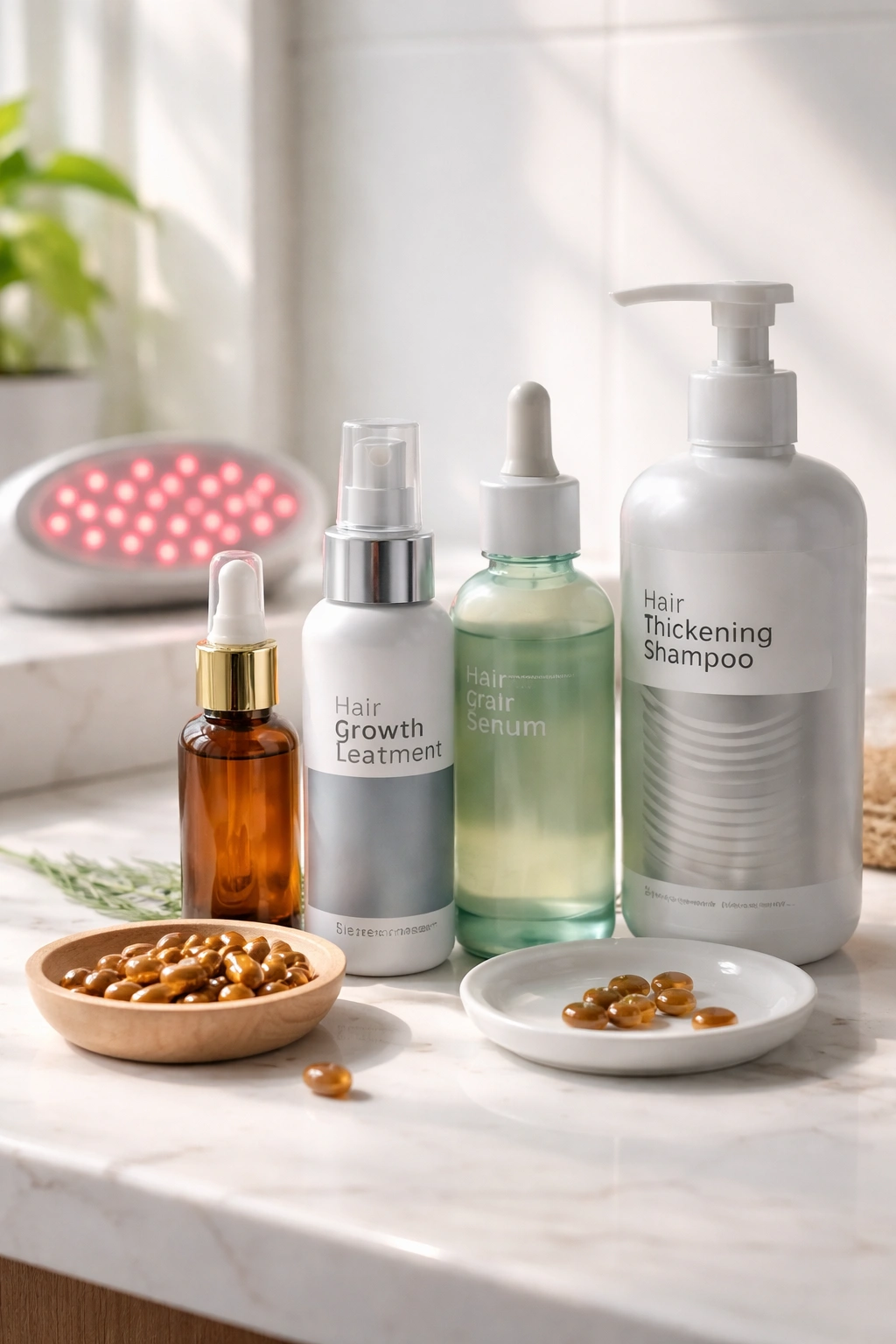 Close-up of neatly arranged hair growth products on a clean counter with a red light therapy device in the background