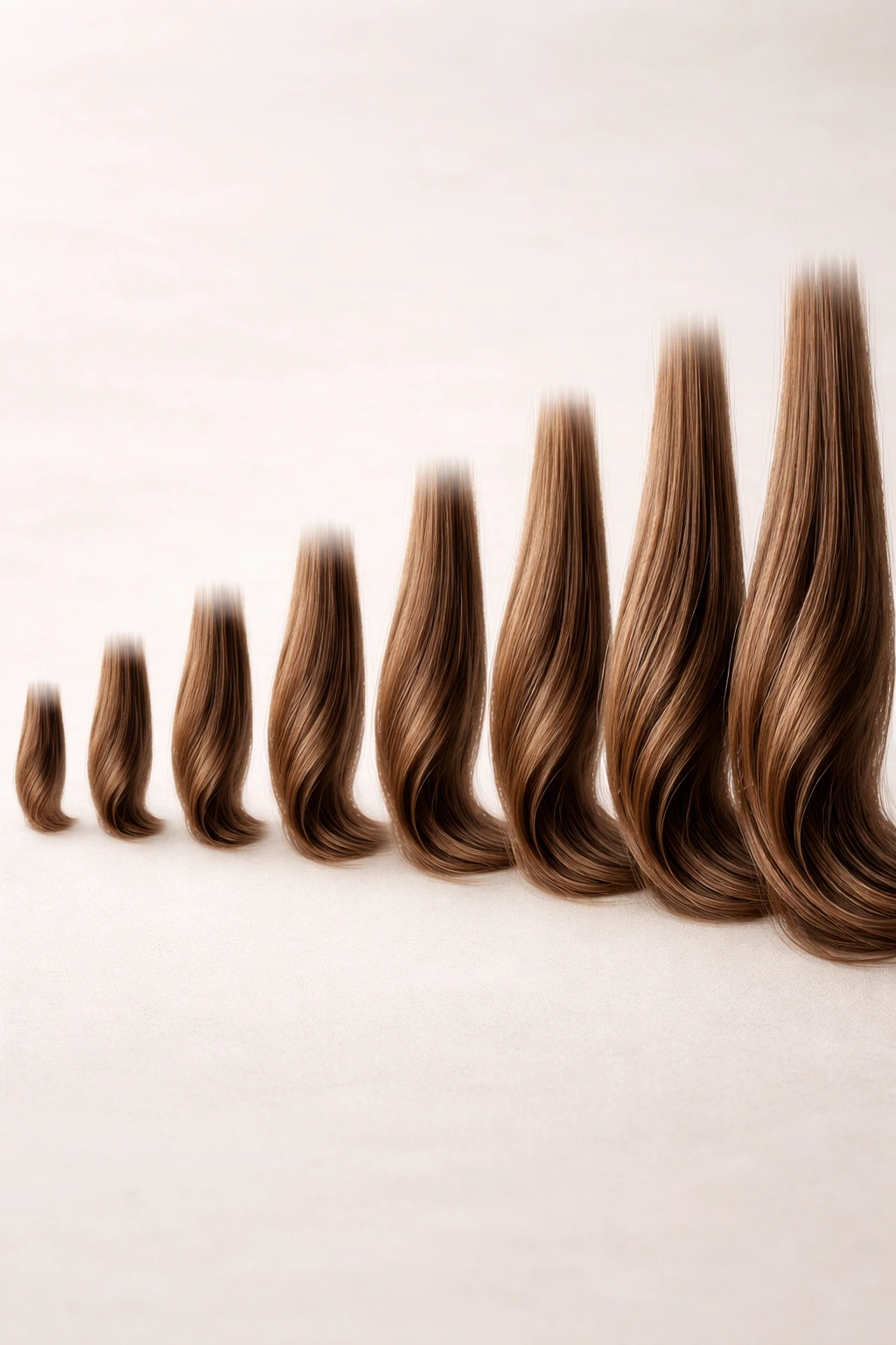 Close-up of hair strands showing gradual length change on a neutral background