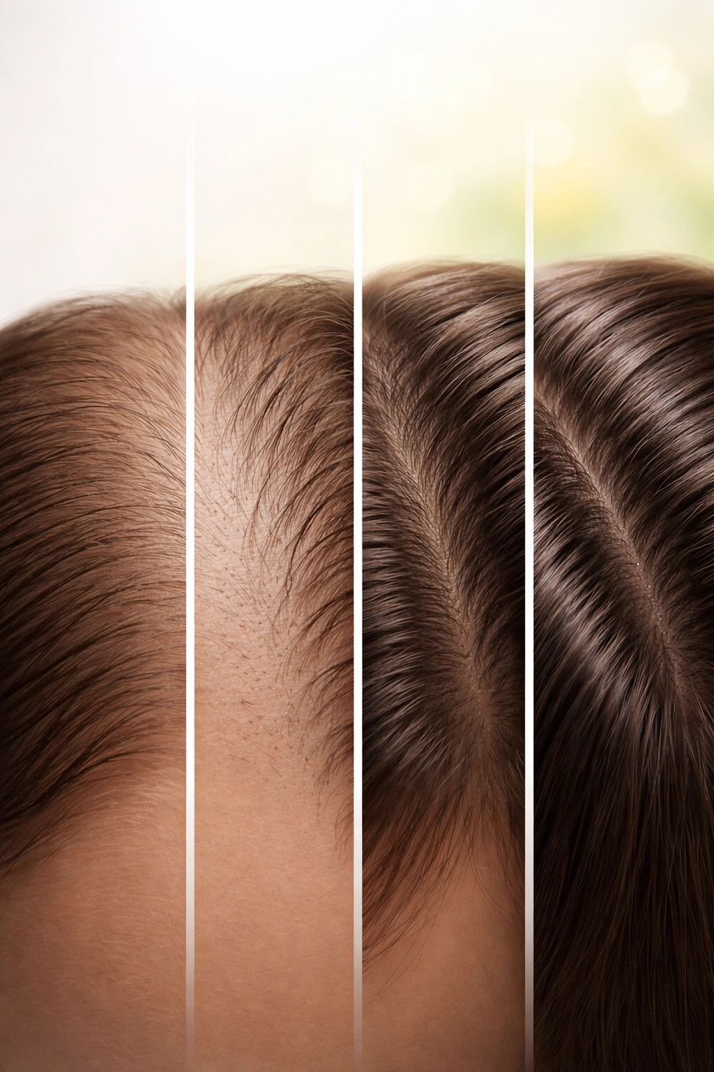 Close-up scalp with subtle hair fullness gradient representing realistic timelines for pumpkin seed oil