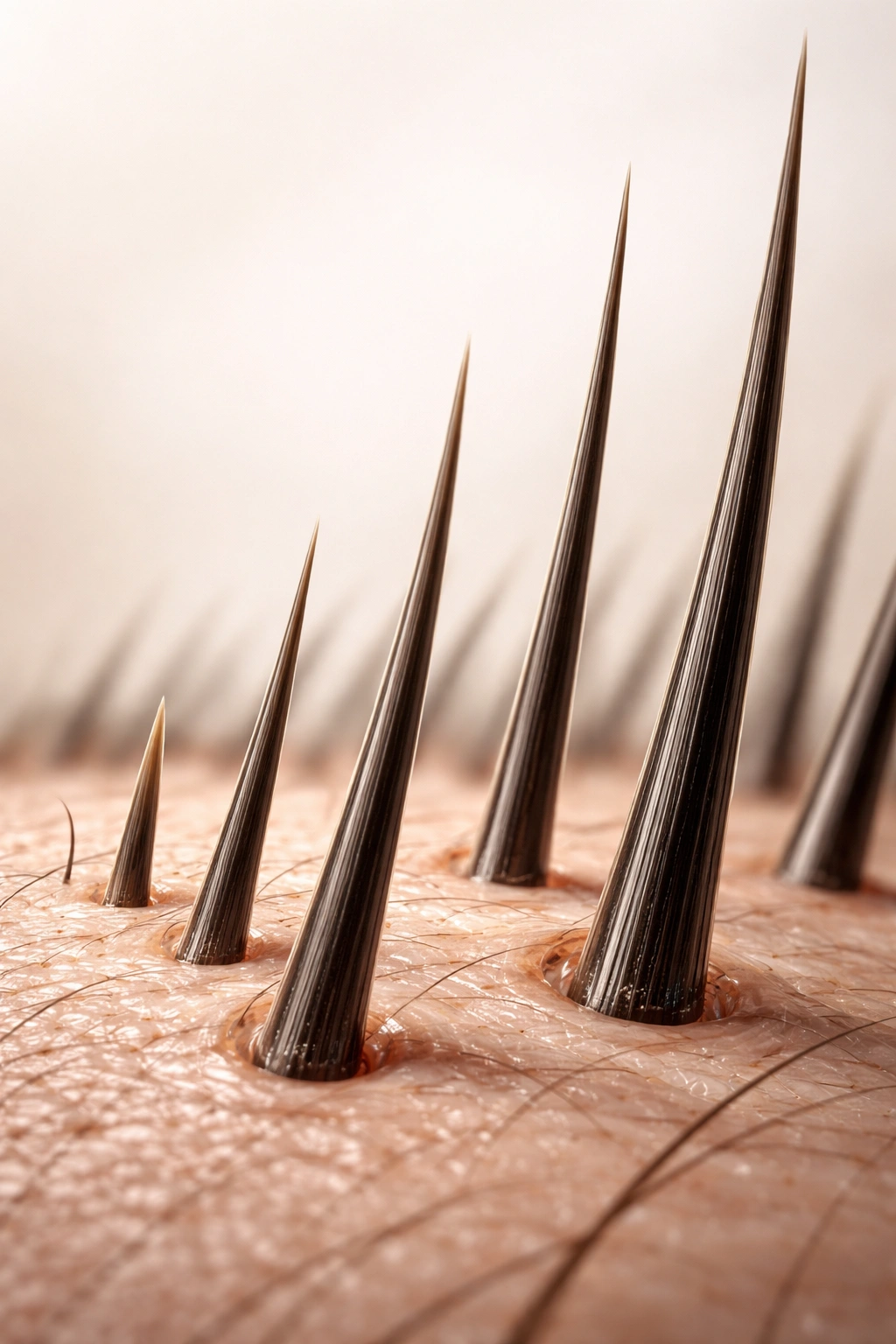 Close-up of hair shafts at different lengths on a scalp illustrating growth rate