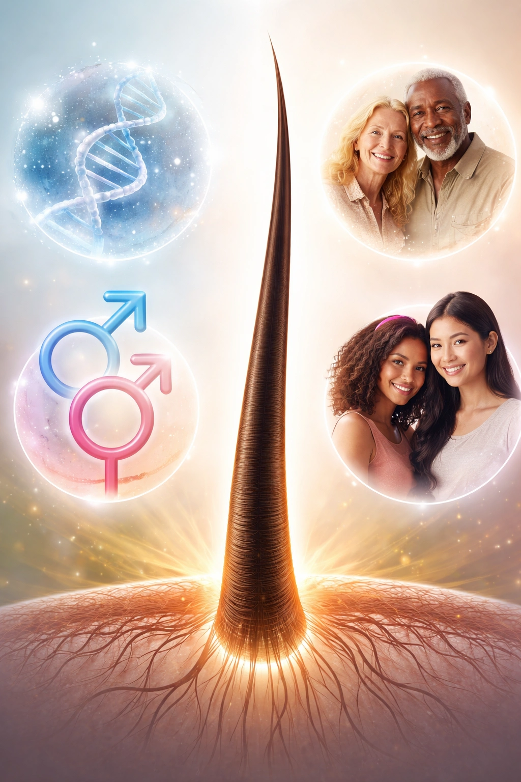Hair strand with gradient backdrop implying genetic and demographic influences