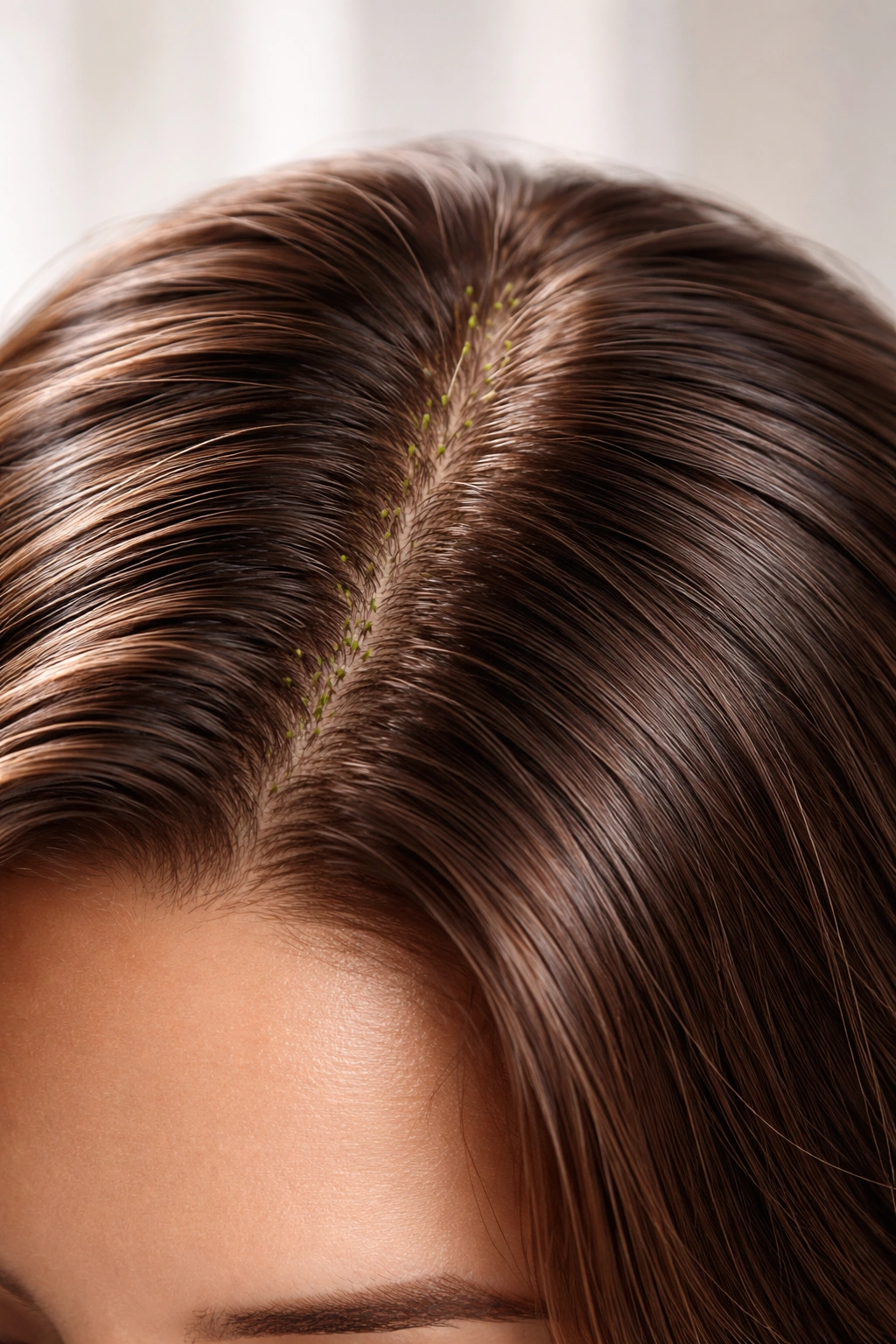 Close-up of scalp with new hair growth along part line