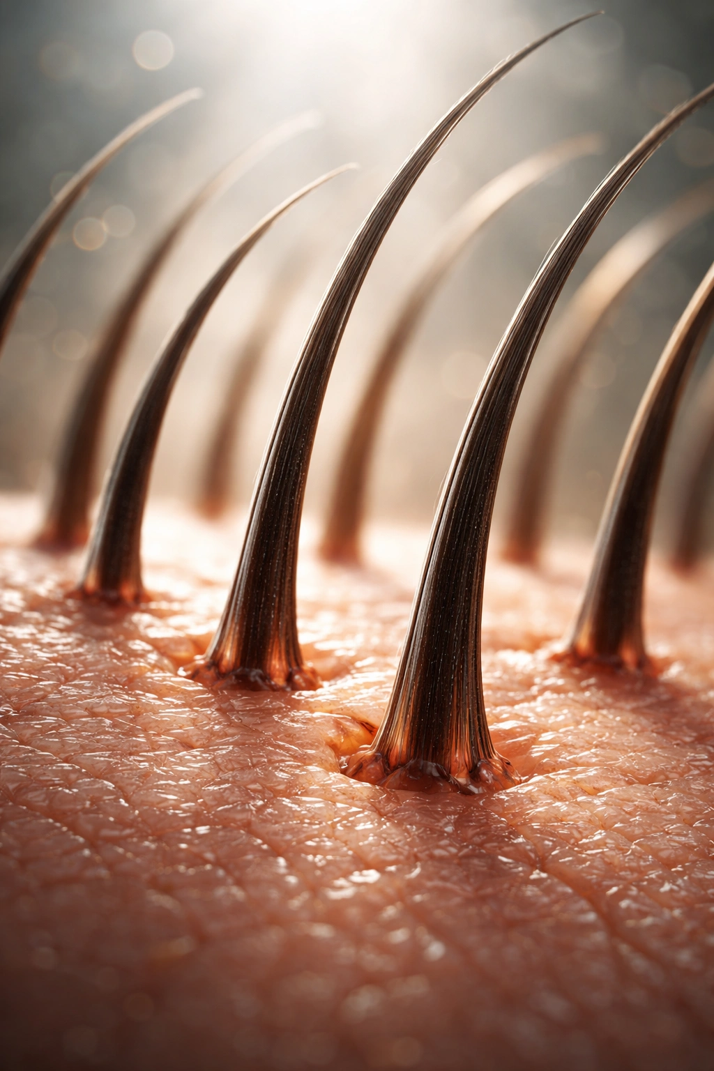 Close-up of multiple scalp hair follicles in growth phase