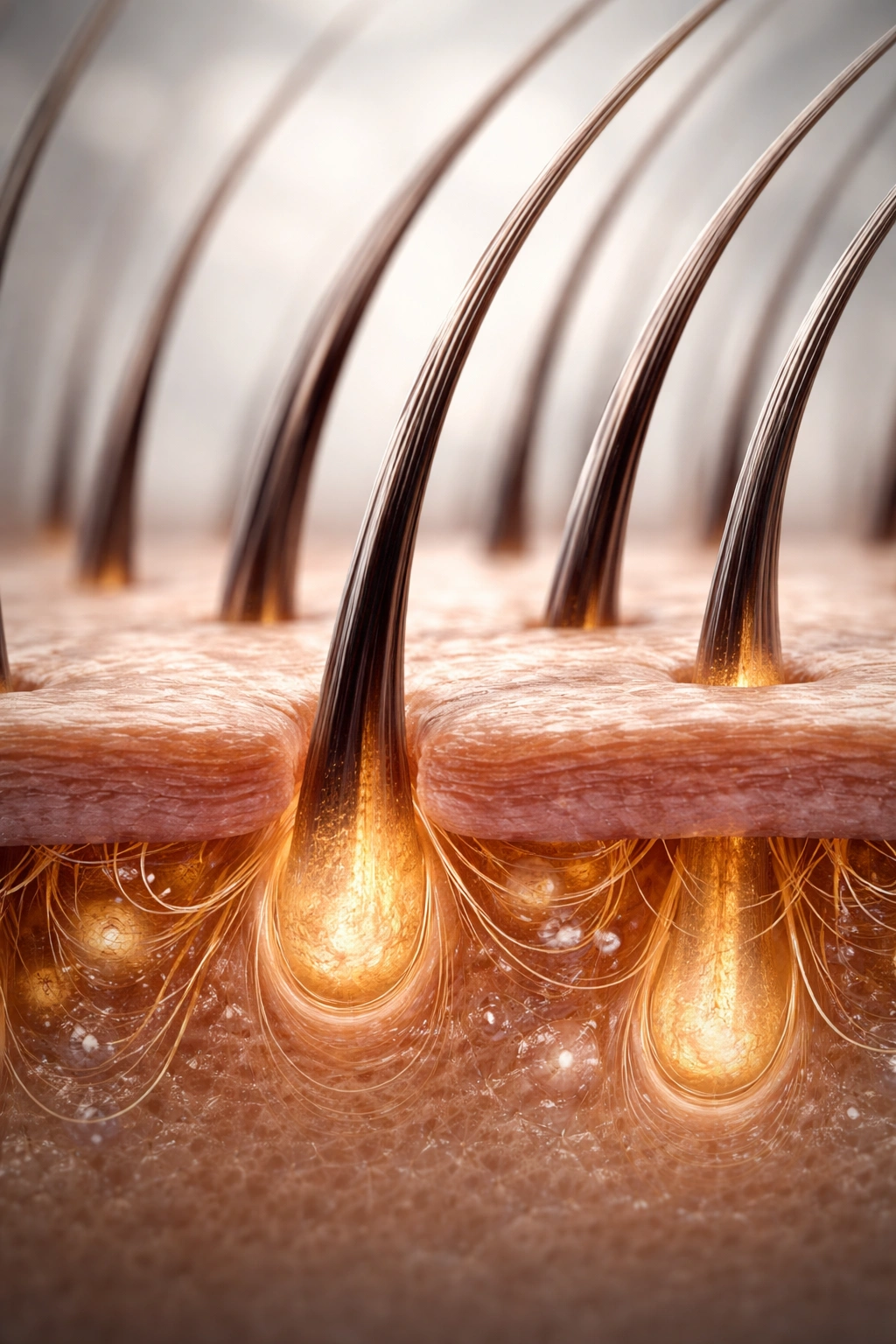 Close-up of a scalp with new hair growth emerging from follicles