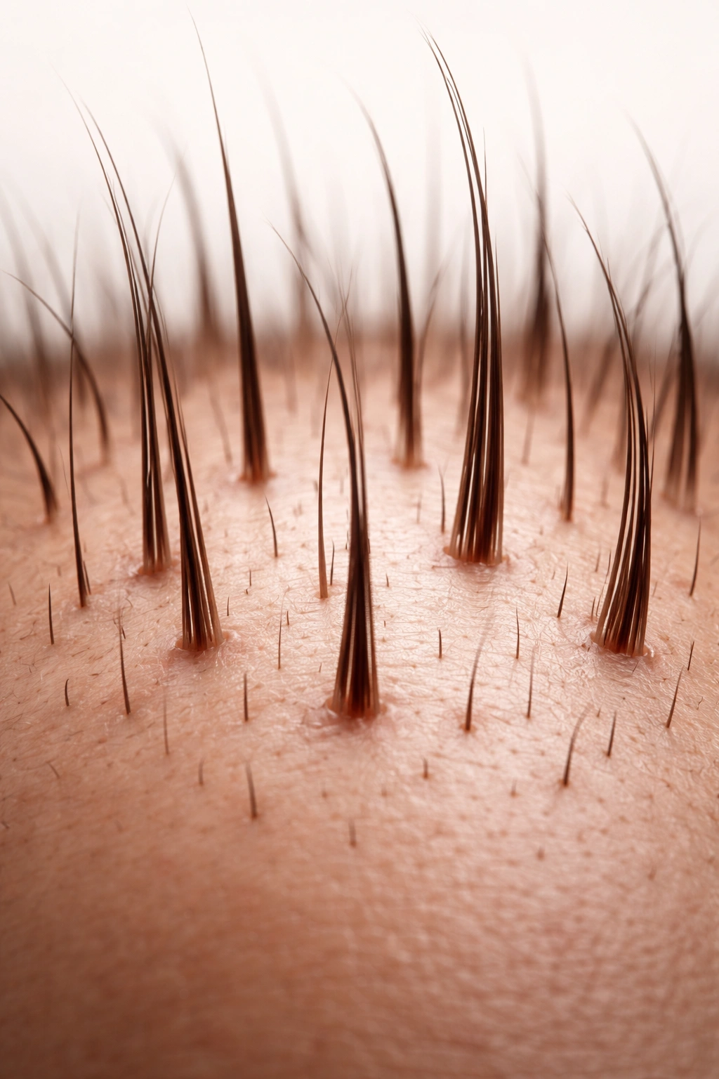 Close-up of scalp showing hair growth variation with different lengths.