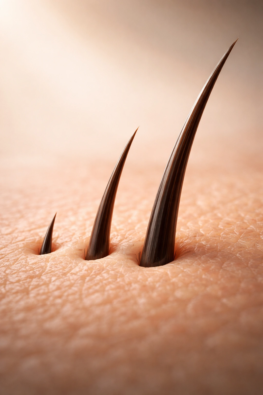 Three hair shafts at varying lengths on skin surface