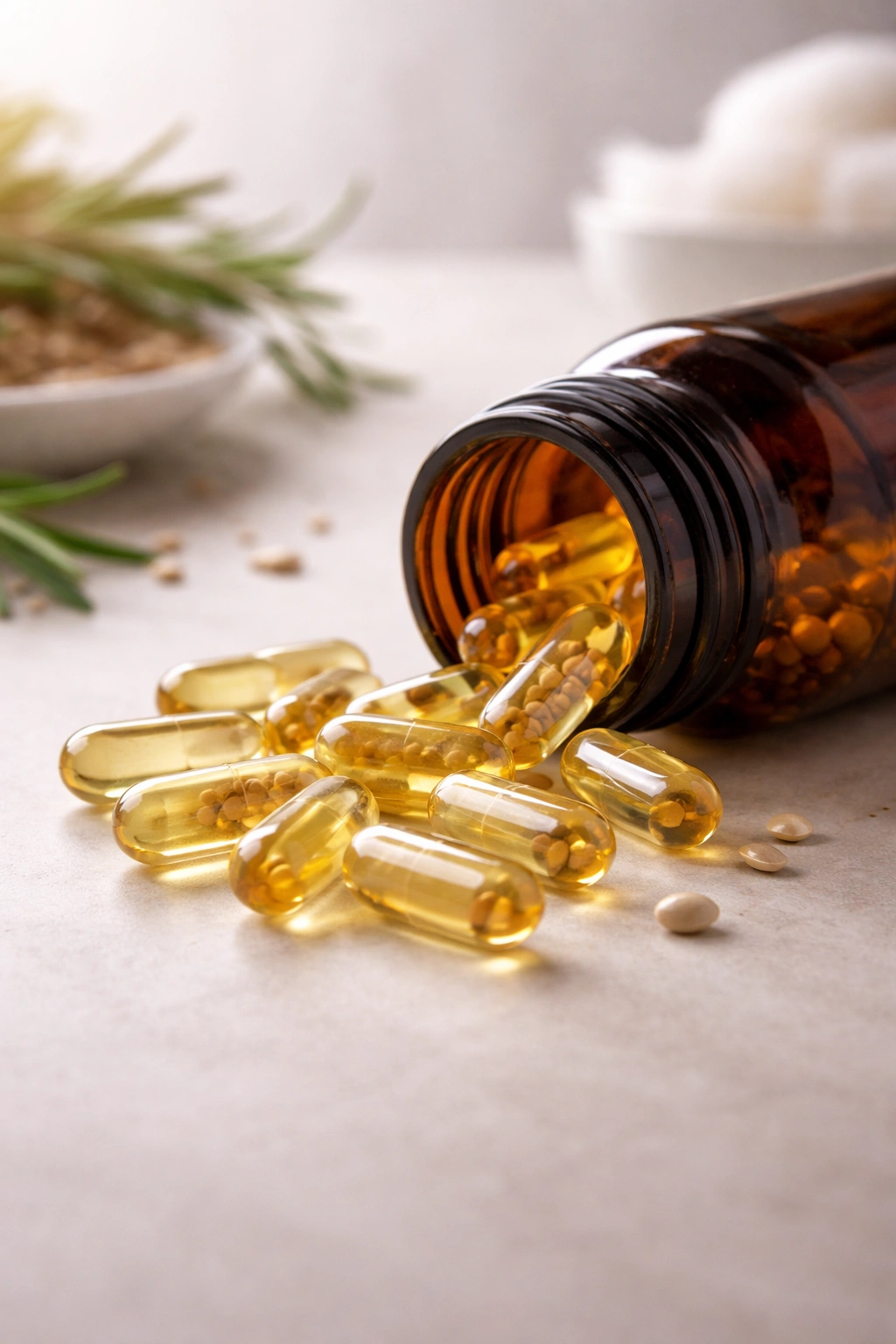 Close-up of a bottle of hair growth supplements with capsules on a plain surface