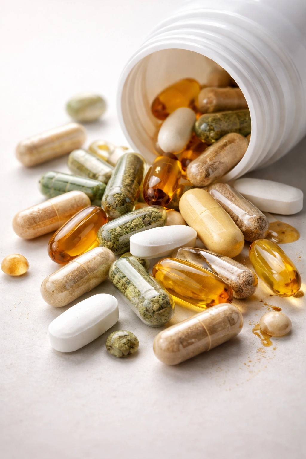 Assorted capsules spilling from an unmarked bottle on a neutral surface