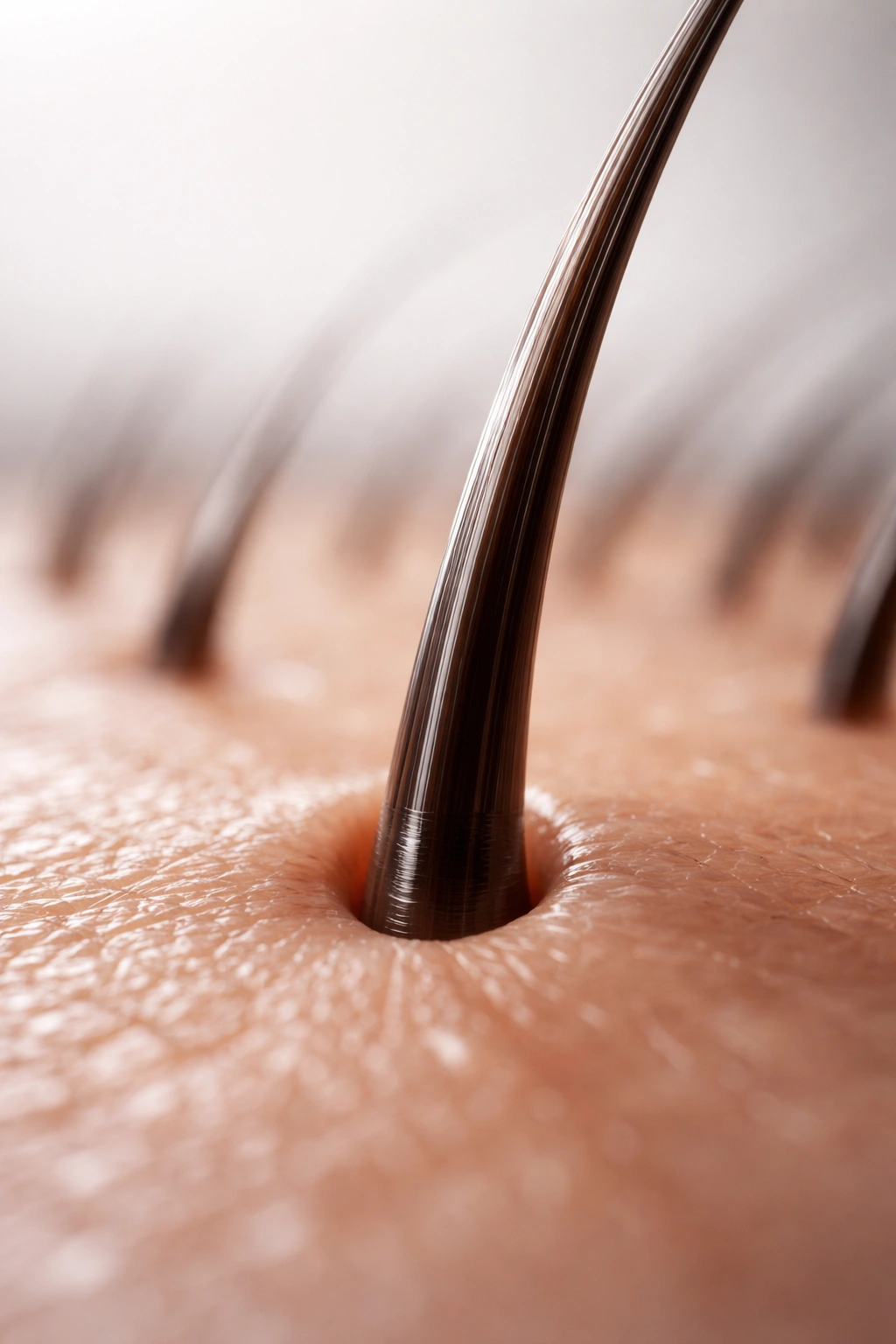 Close-up of a single healthy hair strand growing from the scalp