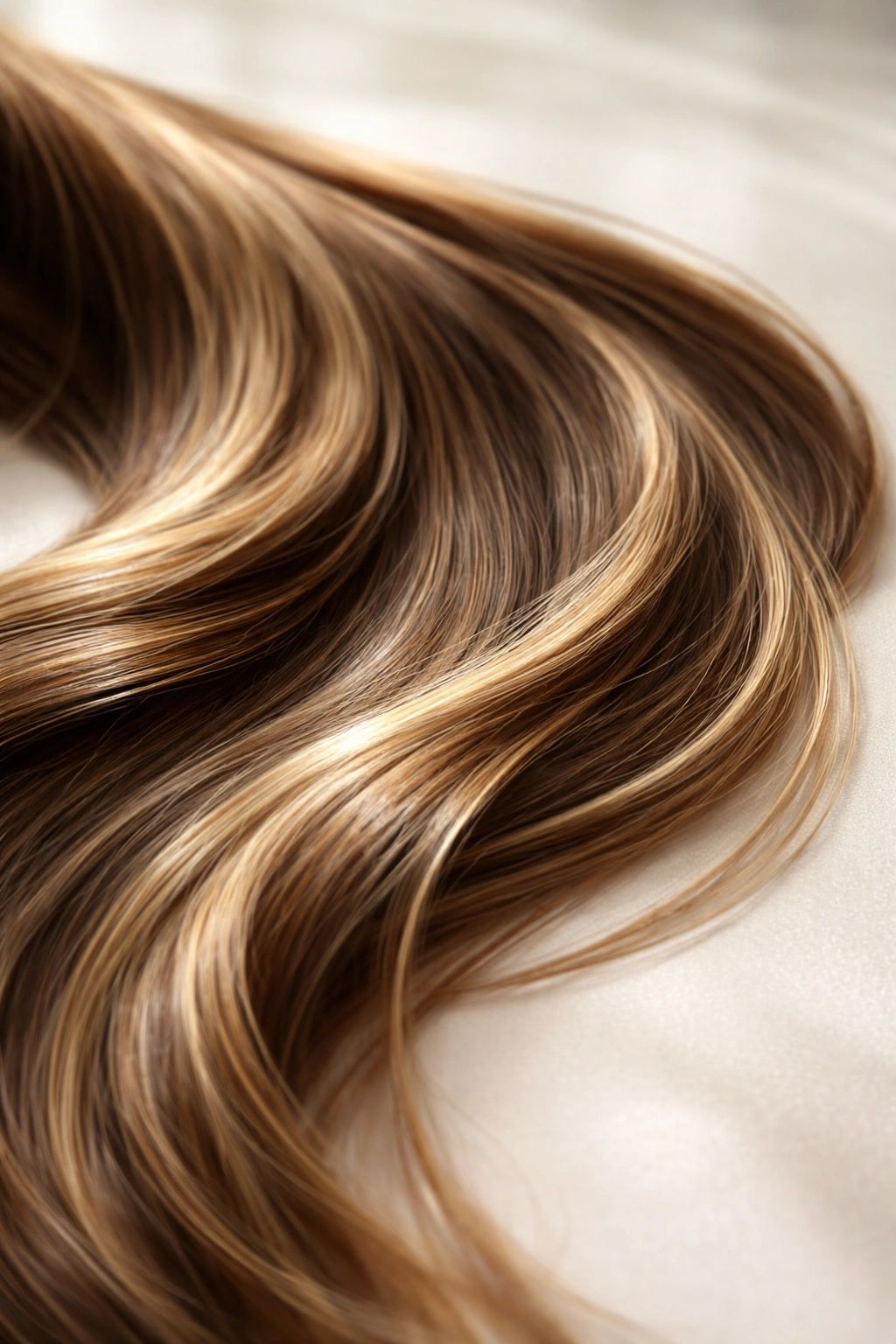 Group of long healthy hair strands on a neutral surface