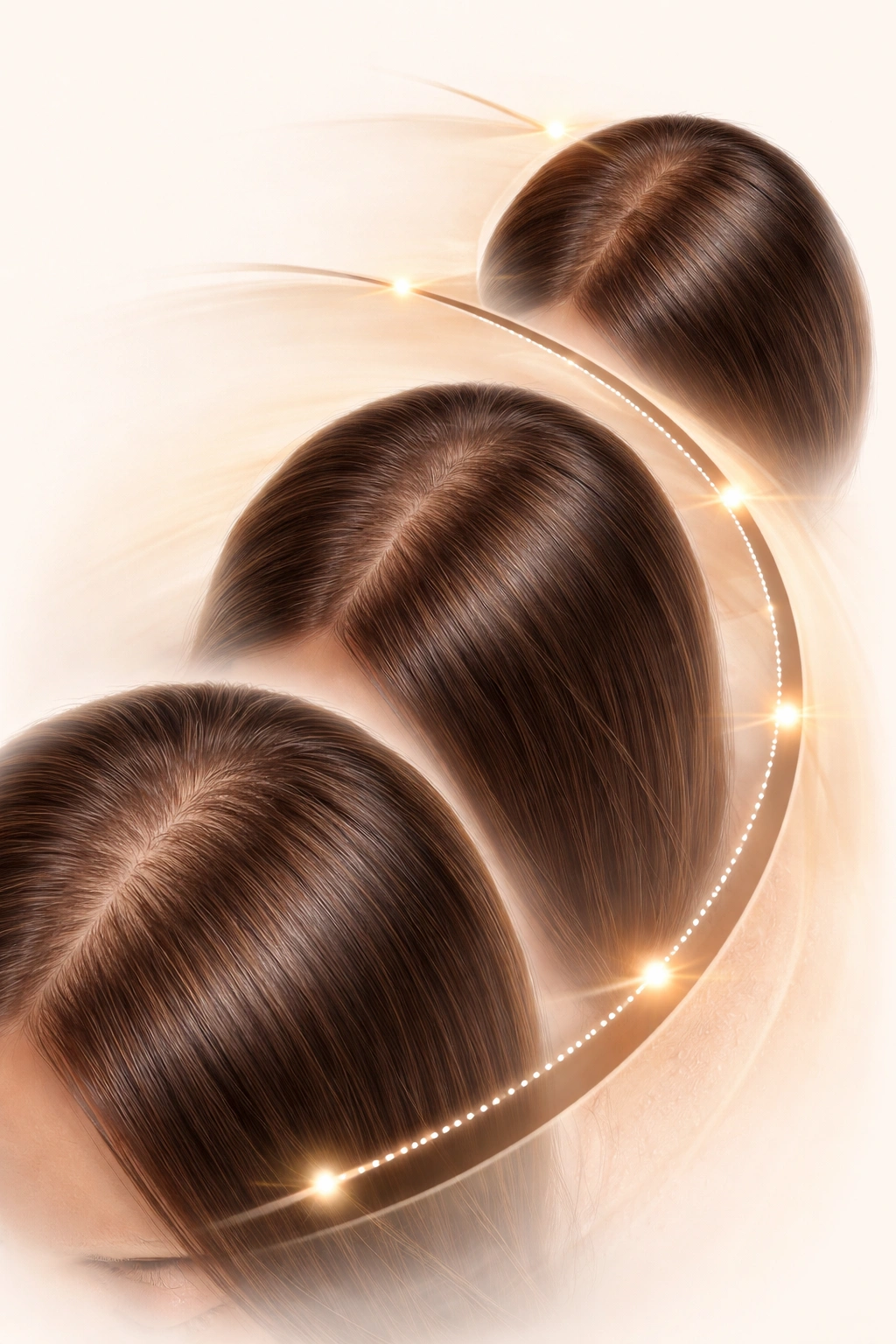 Progression of hair density from sparse to fuller along a curved path.