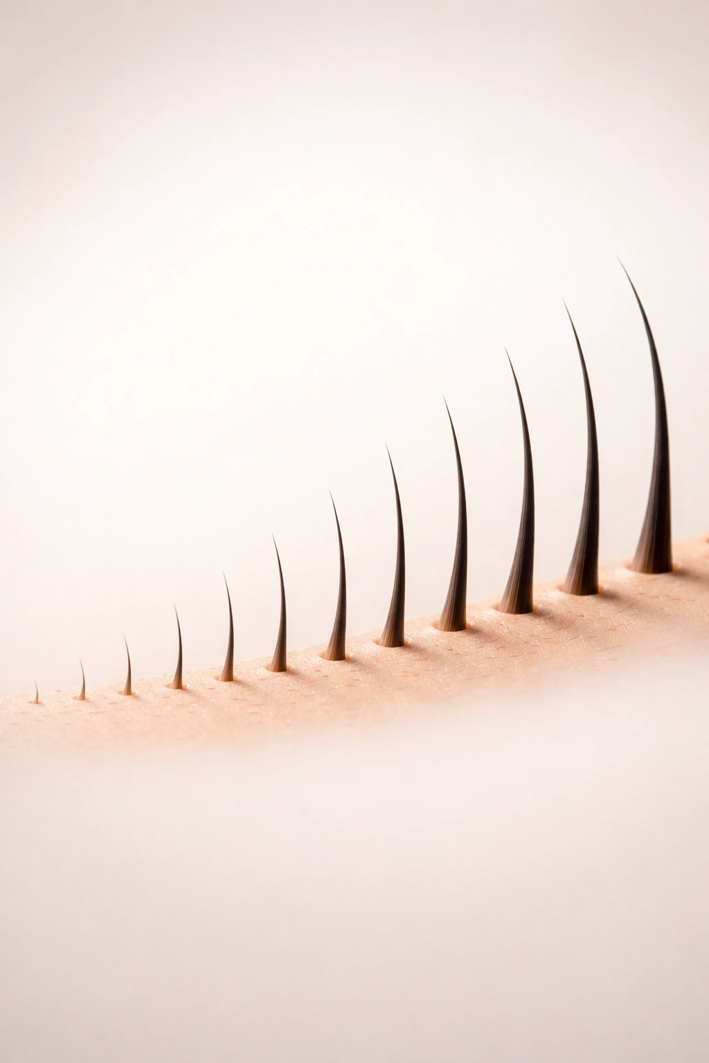Abstract progression of hair strand thickness illustrating gradual hair growth over time