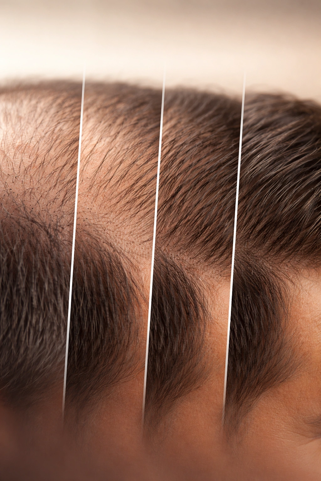 Scalp close-up showing hair growth progression over time