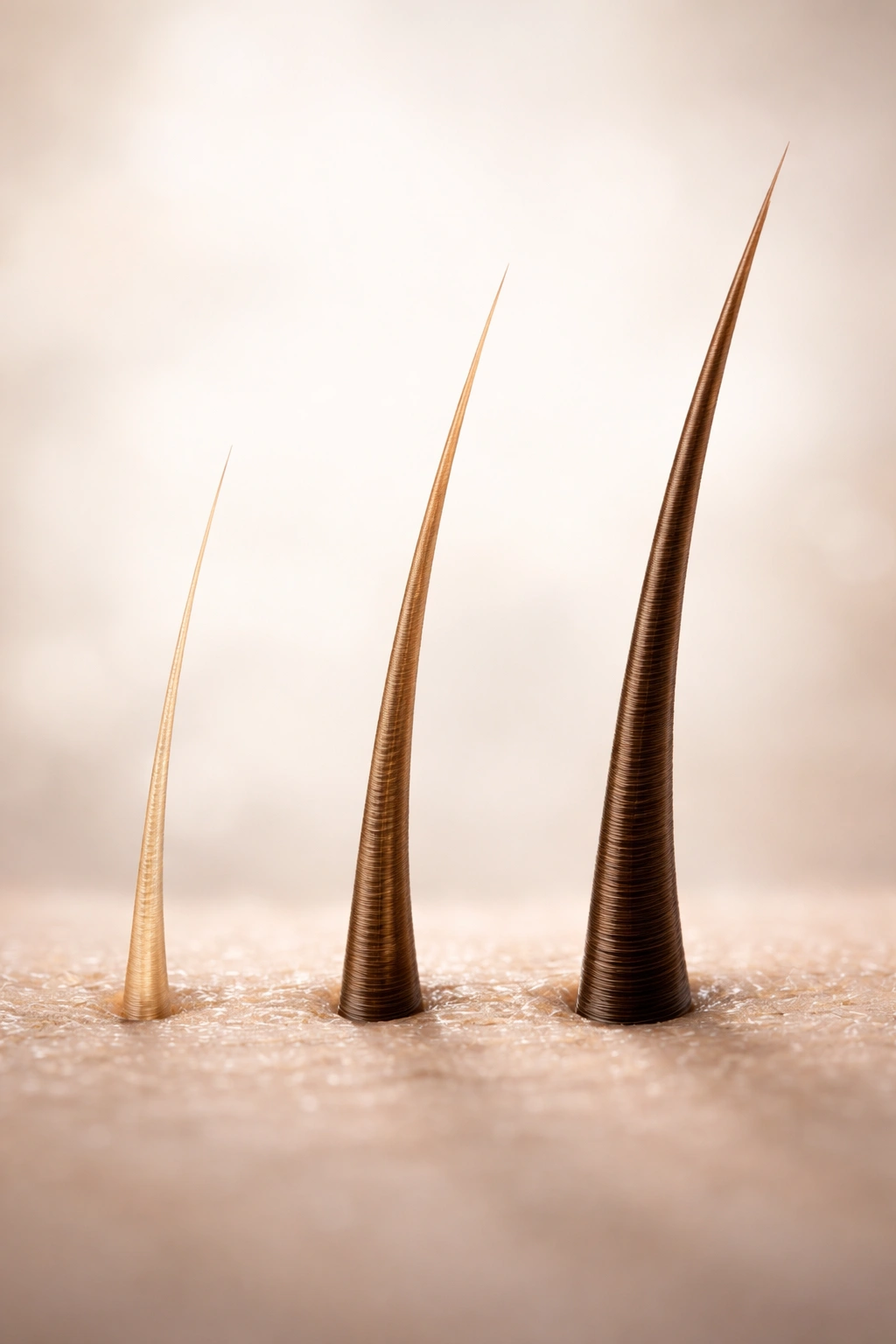 Three hair strands progressing from fine to thick to illustrate timeline and growth