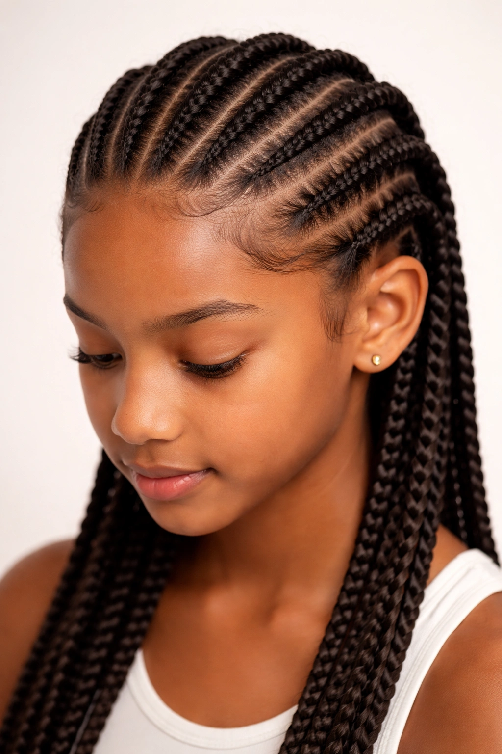 Close-up of cornrows with healthy scalp and gentle tension