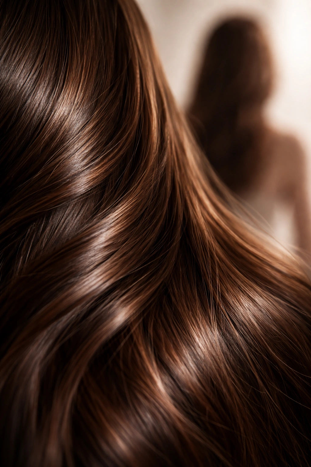 Close-up of glossy hair with blurred body silhouette suggesting health